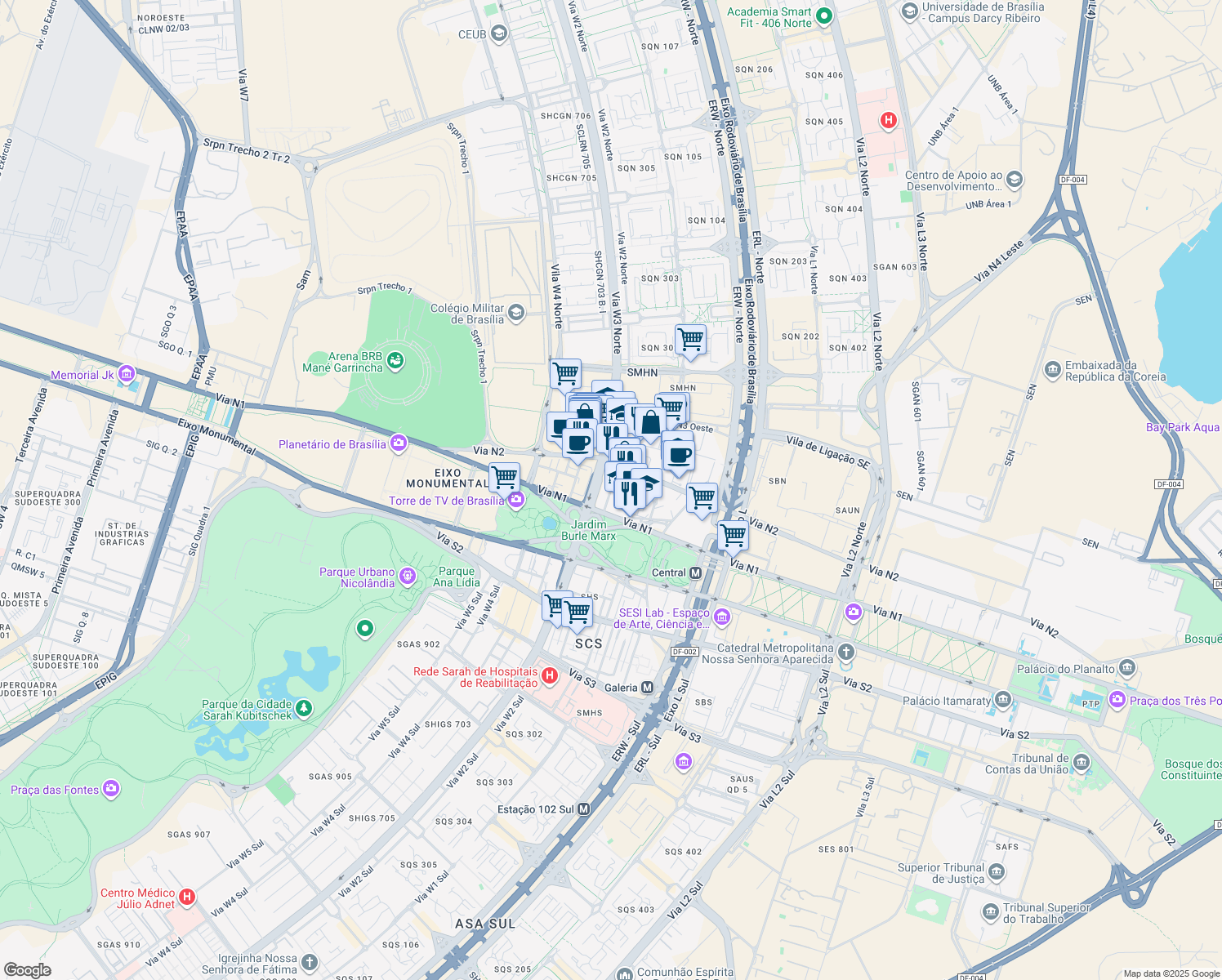 map of restaurants, bars, coffee shops, grocery stores, and more near SHN Quadra 3 Bloco B in Brasília