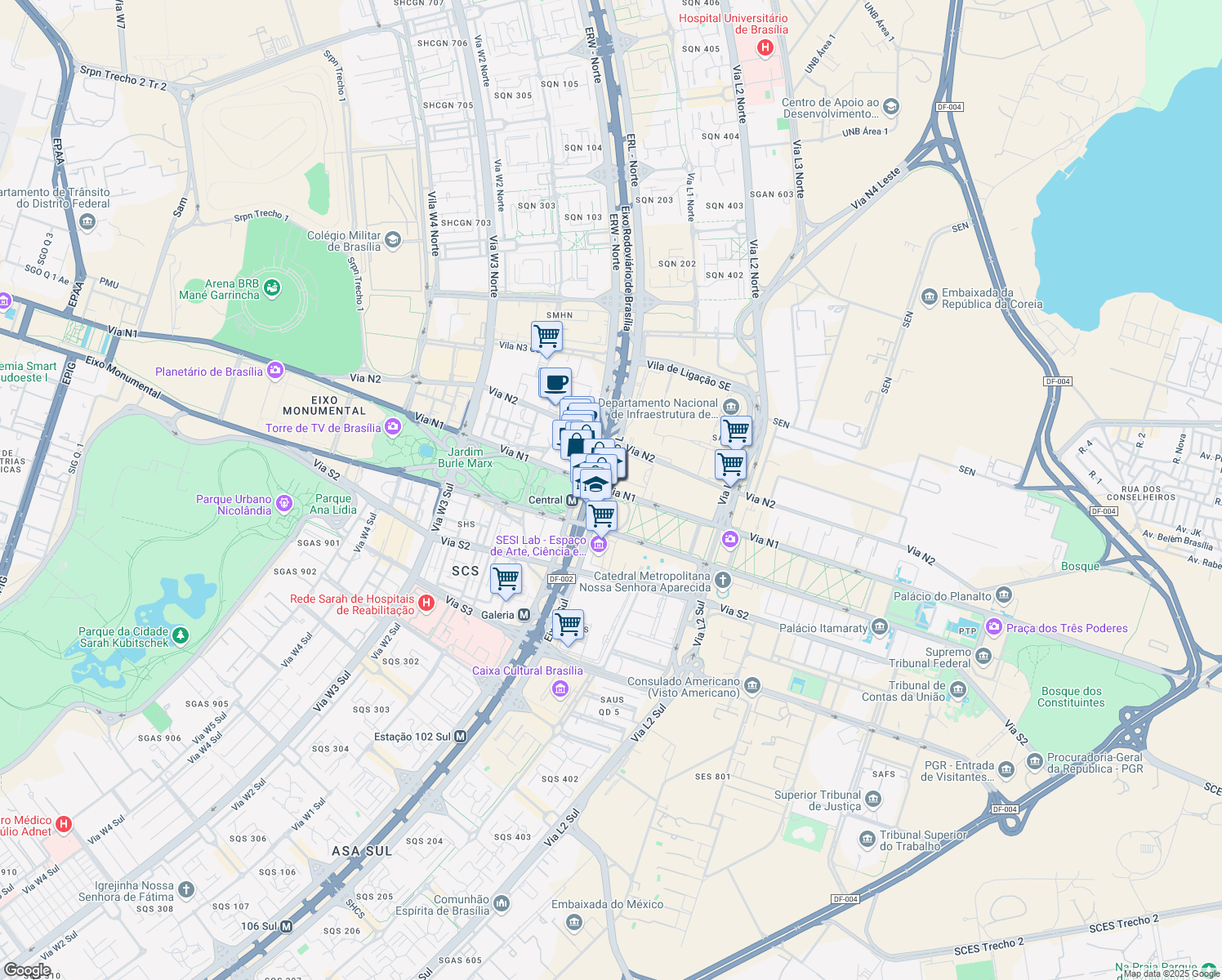map of restaurants, bars, coffee shops, grocery stores, and more near in Brasília