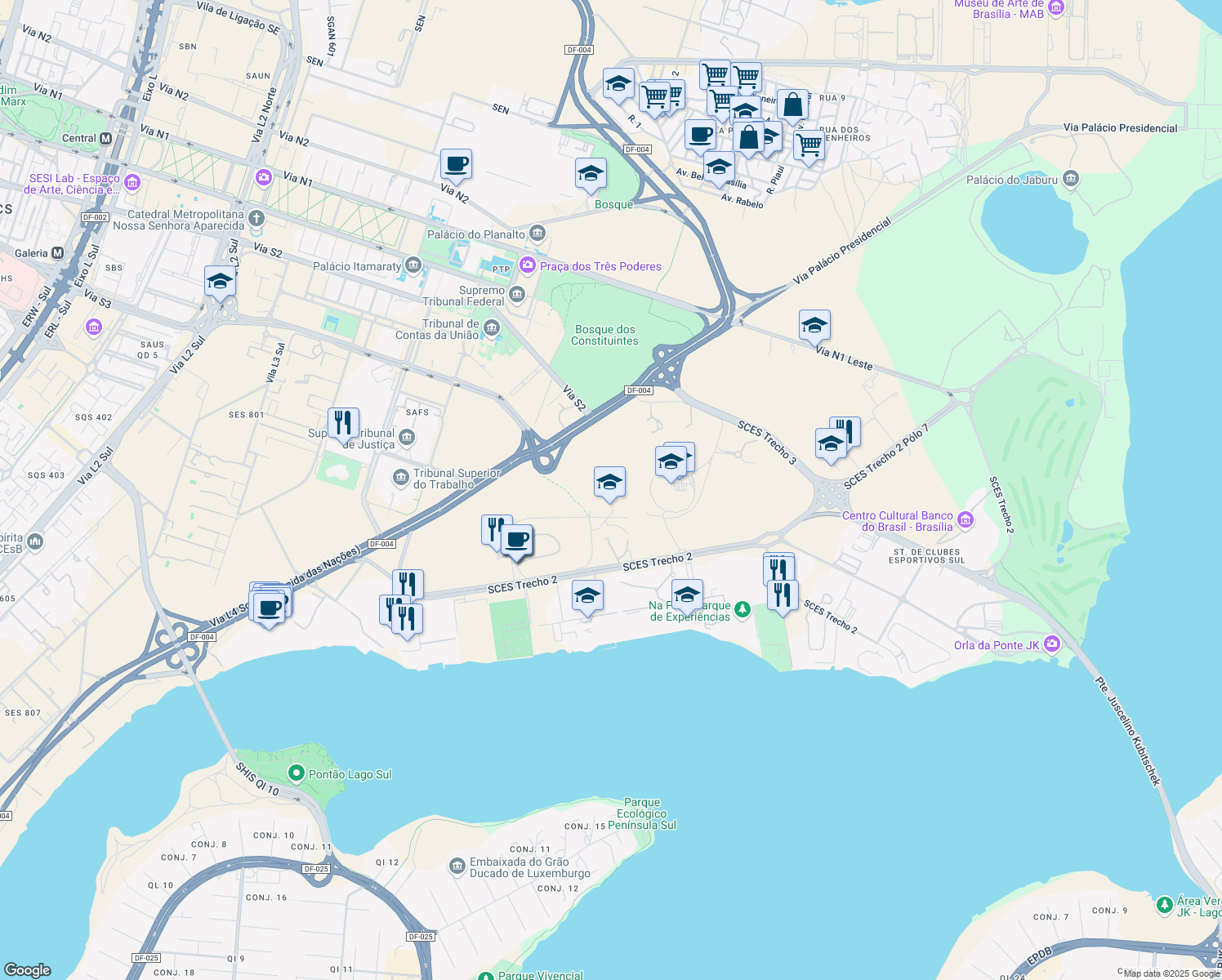 map of restaurants, bars, coffee shops, grocery stores, and more near in Brasília