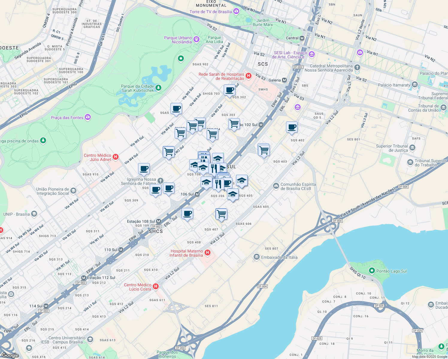 map of restaurants, bars, coffee shops, grocery stores, and more near in Brasília