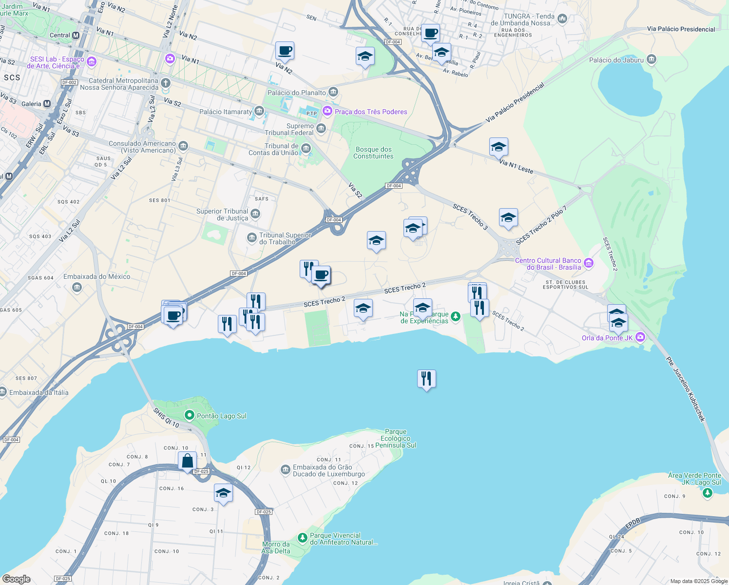 map of restaurants, bars, coffee shops, grocery stores, and more near in Brasília