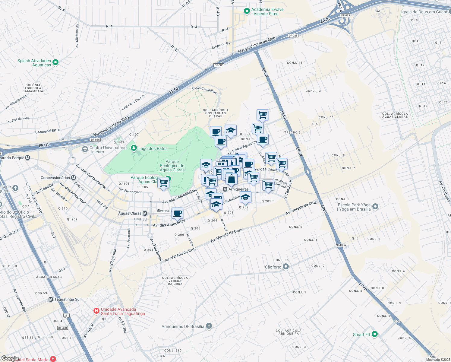 map of restaurants, bars, coffee shops, grocery stores, and more near 8 Rua das Pitangueiras in Brasília