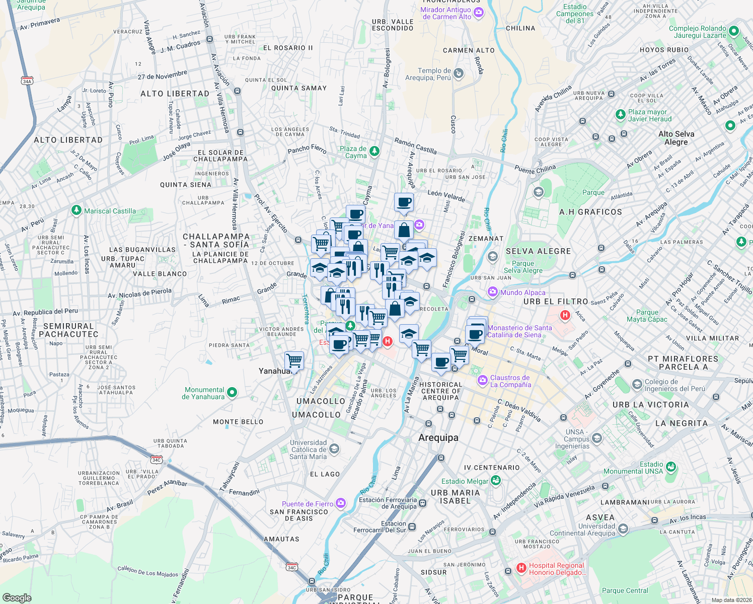 map of restaurants, bars, coffee shops, grocery stores, and more near Antiquilla in Arequipa