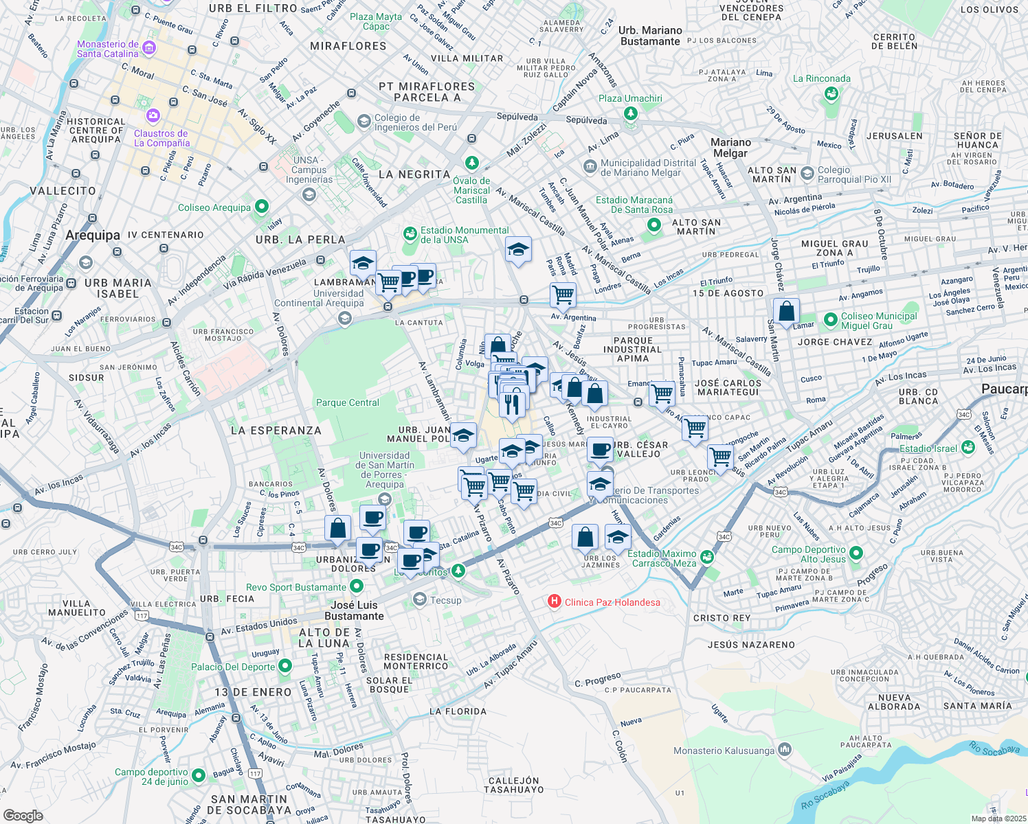 map of restaurants, bars, coffee shops, grocery stores, and more near 500 Avenida Porongoche in Paucarpata