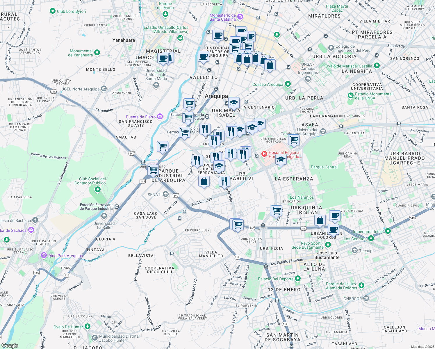 map of restaurants, bars, coffee shops, grocery stores, and more near in Arequipa