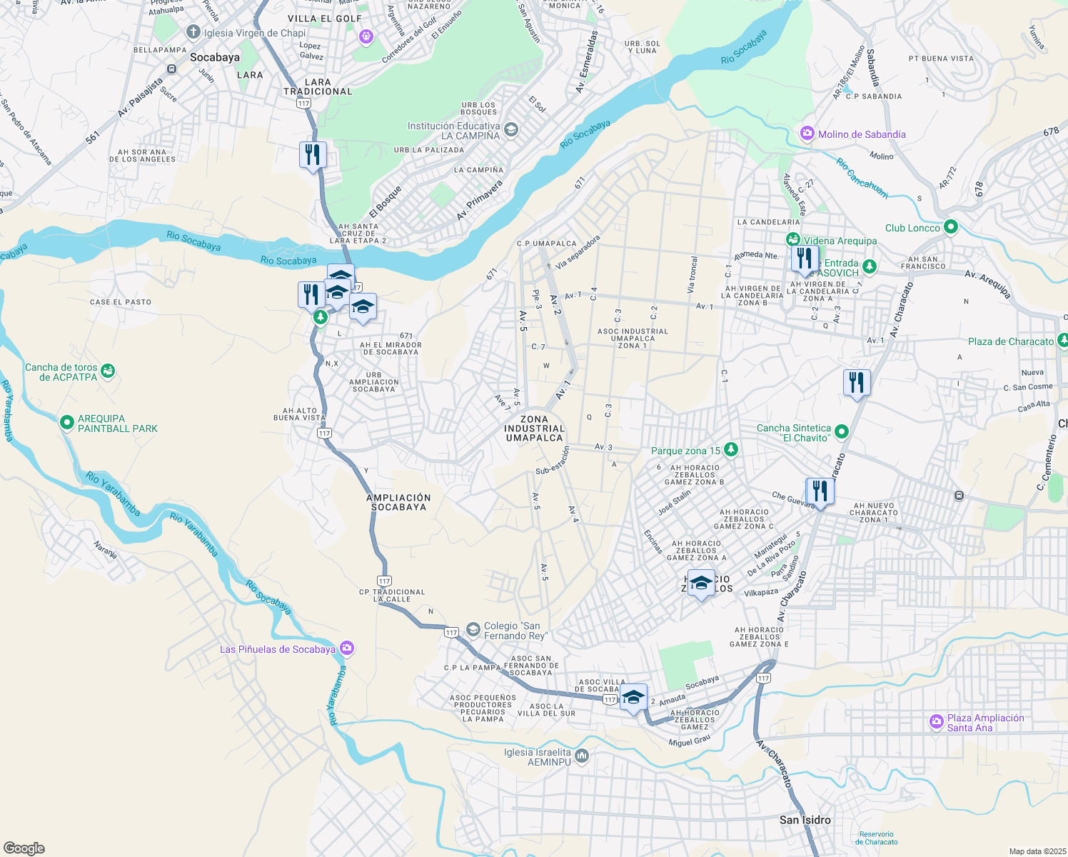 map of restaurants, bars, coffee shops, grocery stores, and more near Sub-estación in Arequipa