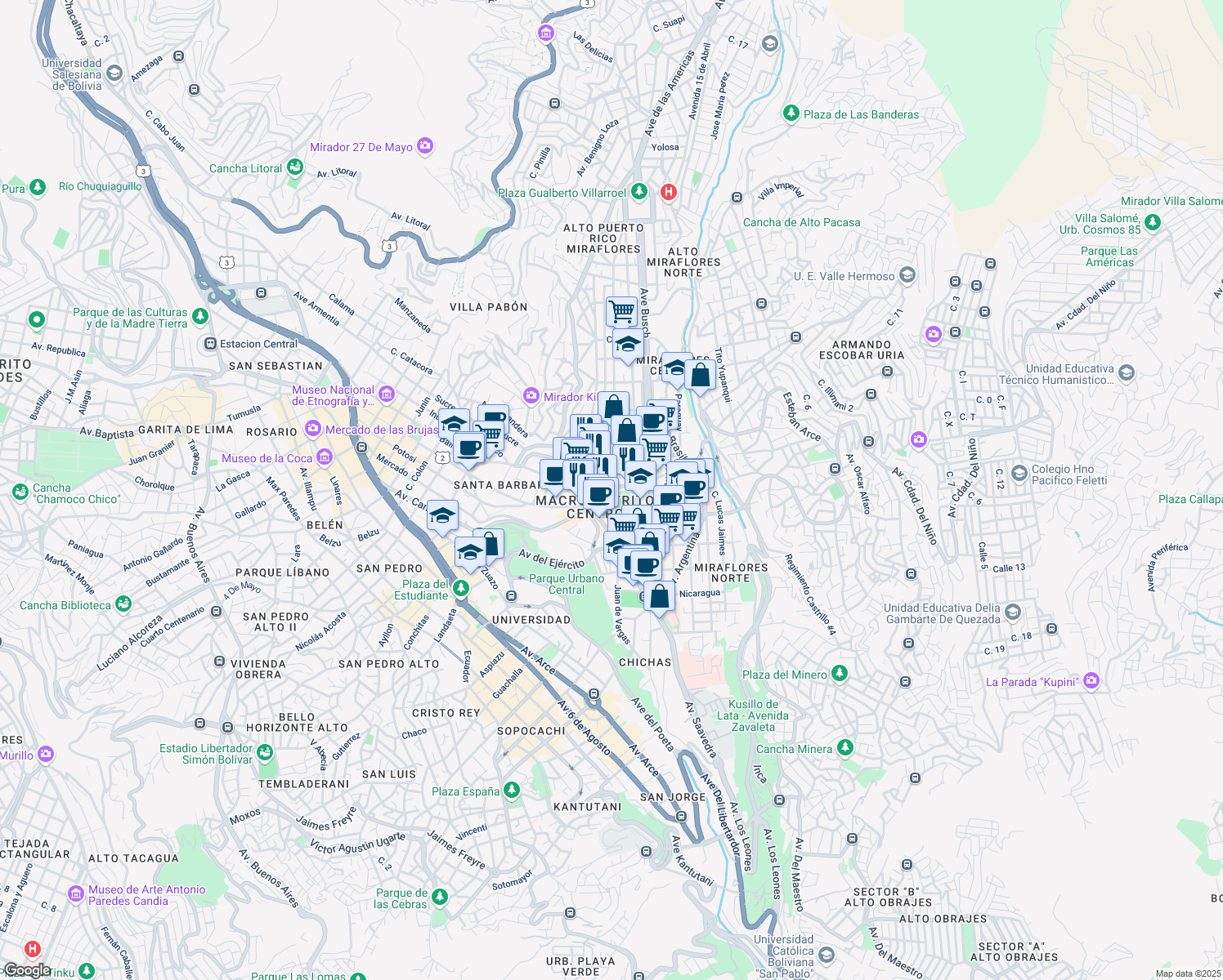 map of restaurants, bars, coffee shops, grocery stores, and more near Calle Hugo Estrada in Nuestra Señora de La Paz