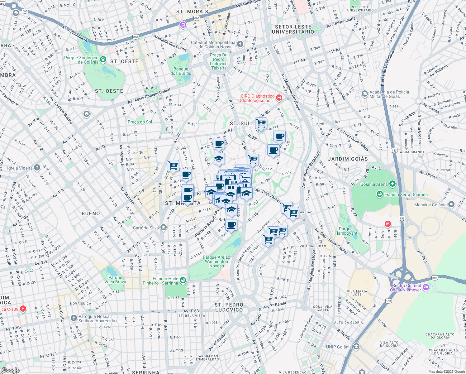 map of restaurants, bars, coffee shops, grocery stores, and more near 3300 Avenida Deputado Jamel Cecílio in Goiânia