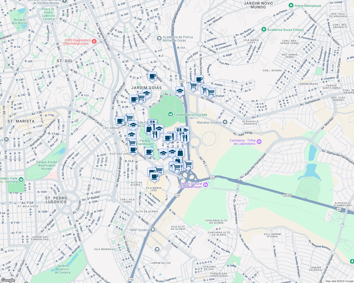 map of restaurants, bars, coffee shops, grocery stores, and more near 46 Rua 14 in Goiânia