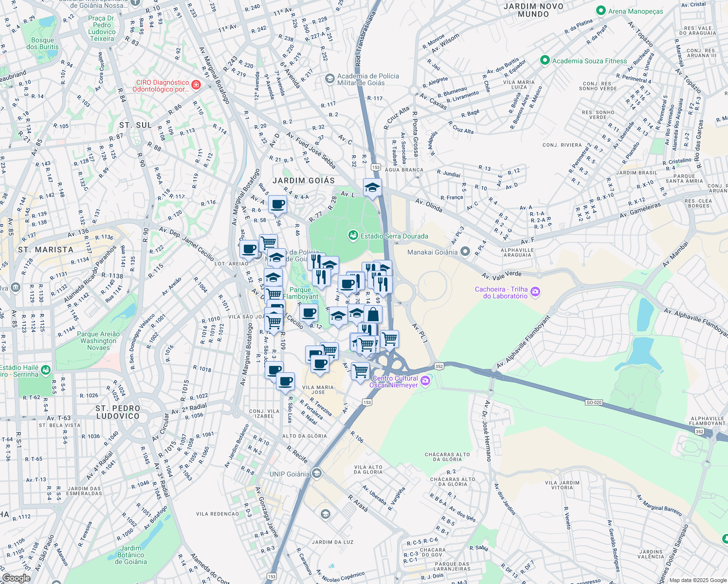 map of restaurants, bars, coffee shops, grocery stores, and more near 46 Rua 14 in Goiânia