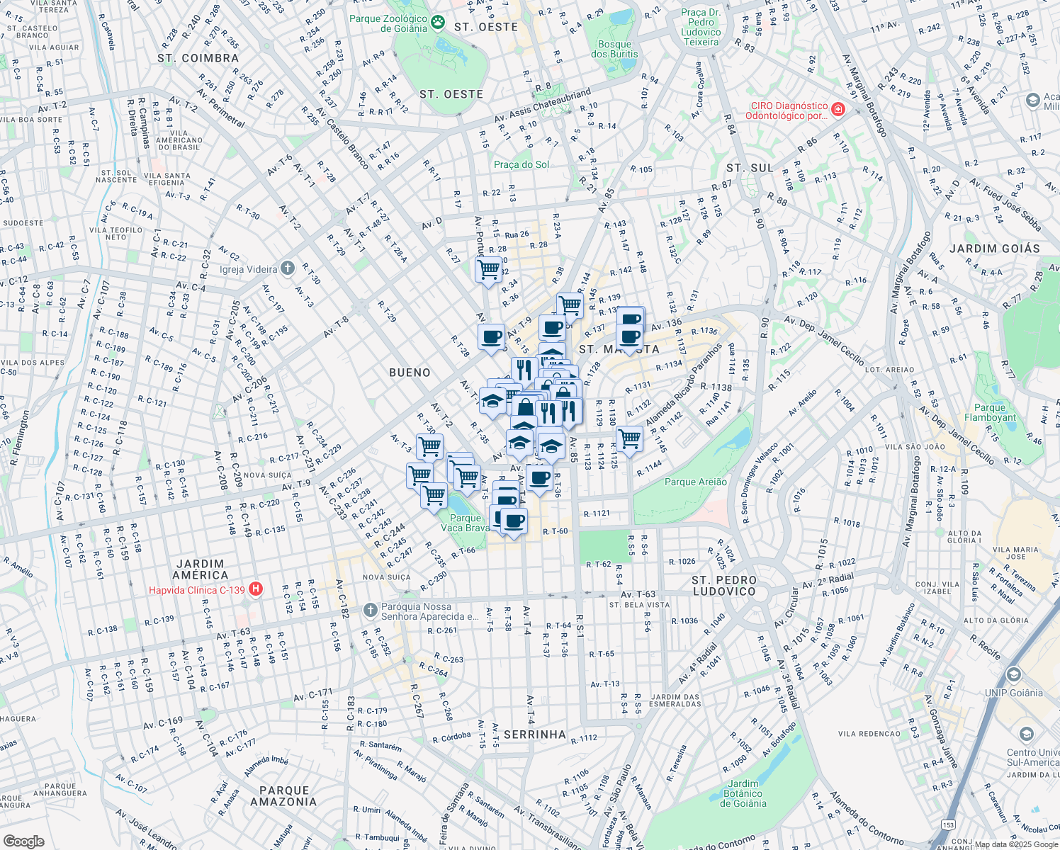 map of restaurants, bars, coffee shops, grocery stores, and more near 270 Avenida T-10 in Goiânia