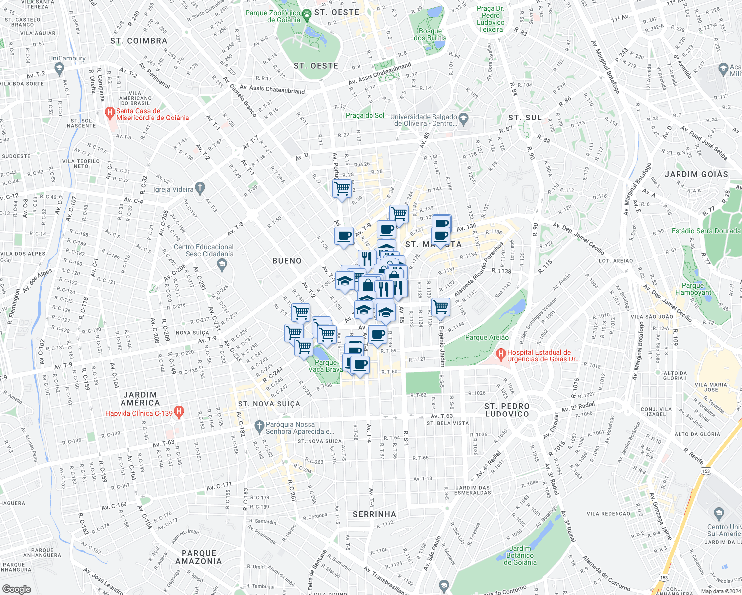 map of restaurants, bars, coffee shops, grocery stores, and more near 270 Avenida T-10 in Goiânia
