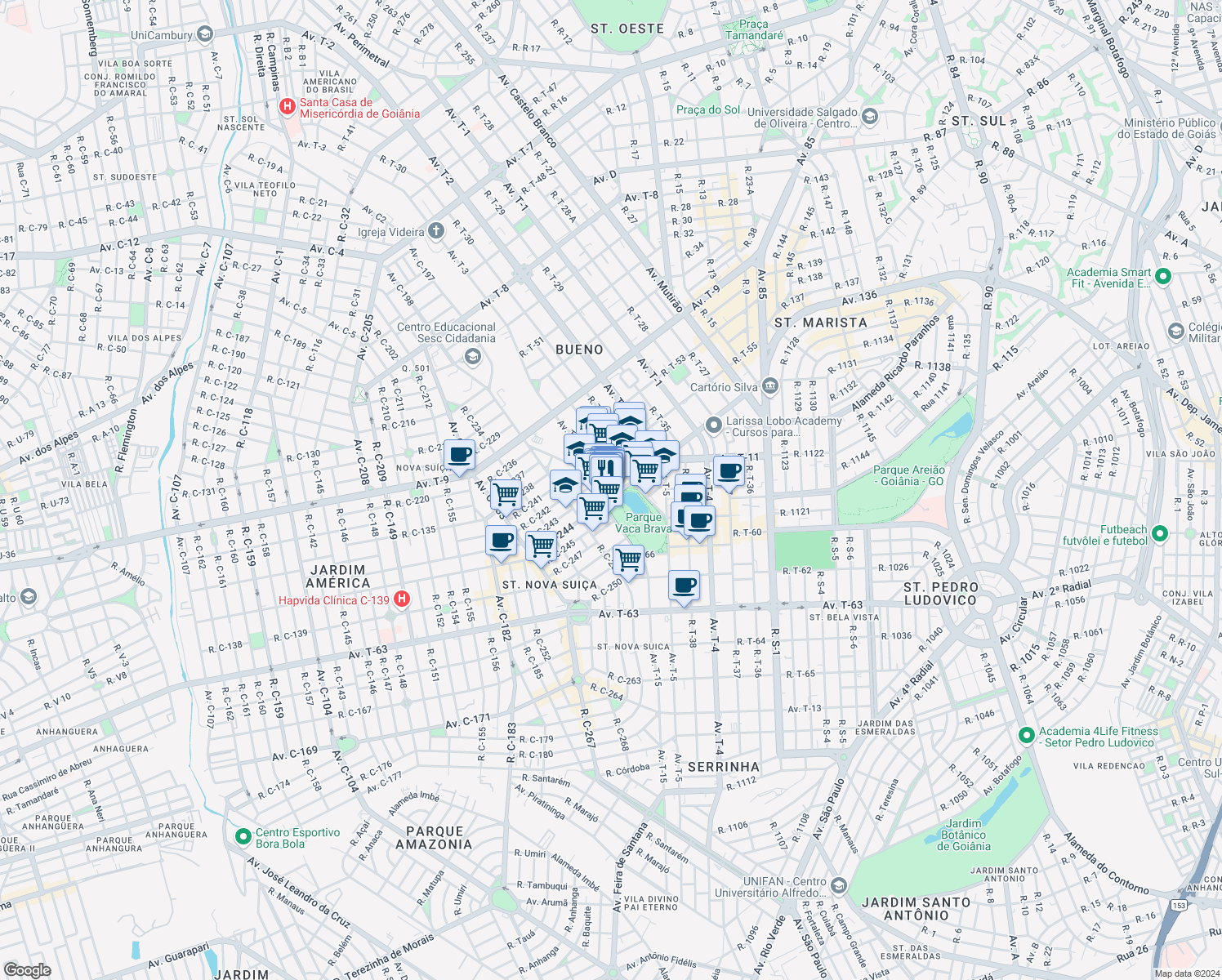 map of restaurants, bars, coffee shops, grocery stores, and more near 1300 Avenida T-10 in Goiânia