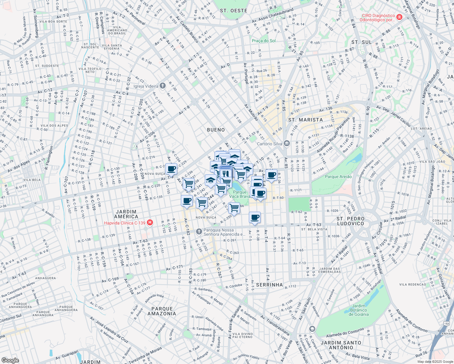 map of restaurants, bars, coffee shops, grocery stores, and more near 1300 Avenida T-10 in Goiânia