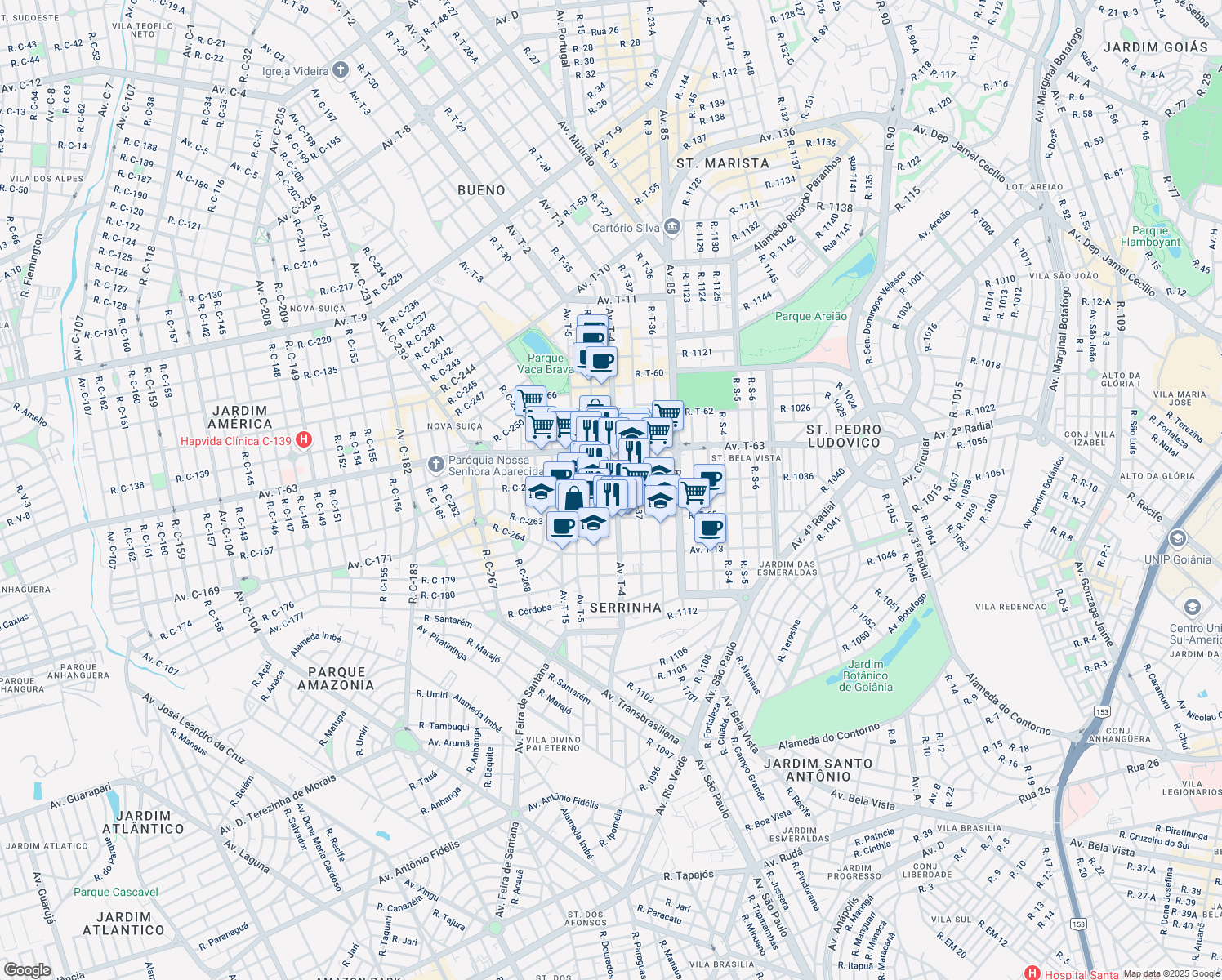 map of restaurants, bars, coffee shops, grocery stores, and more near 1100 Avenida T-4 in Goiânia