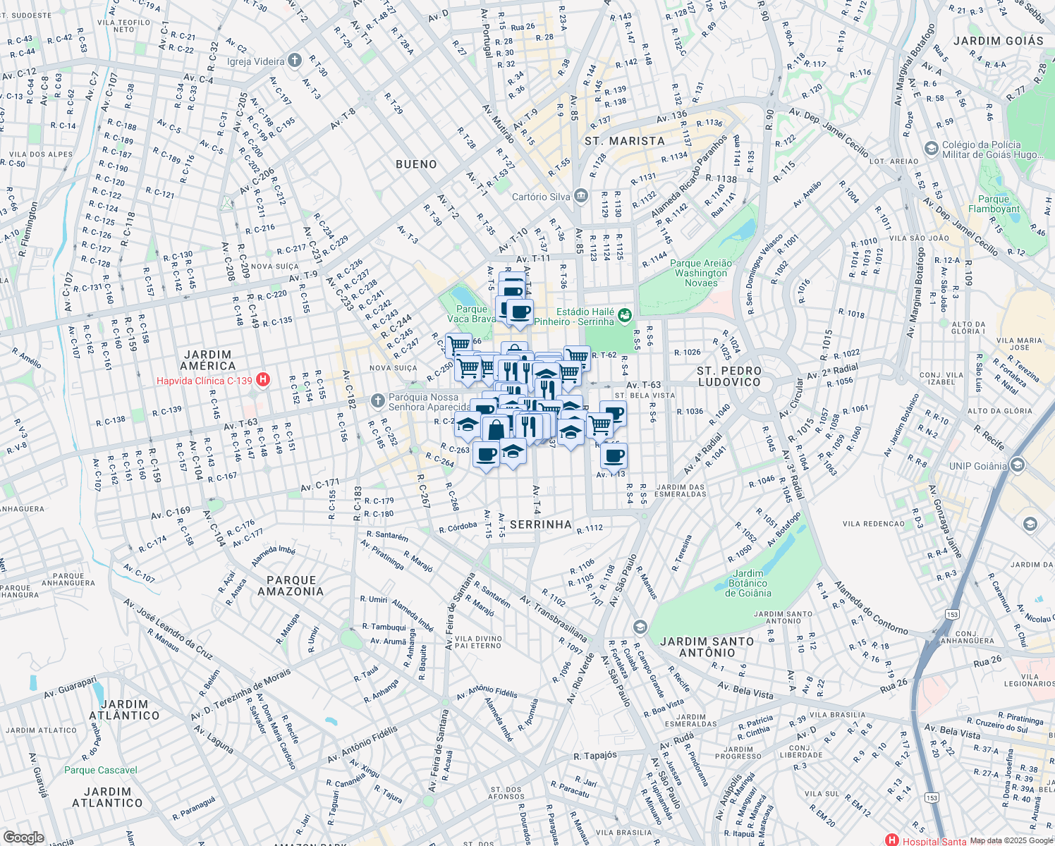 map of restaurants, bars, coffee shops, grocery stores, and more near 1100 Avenida T-4 in Goiânia