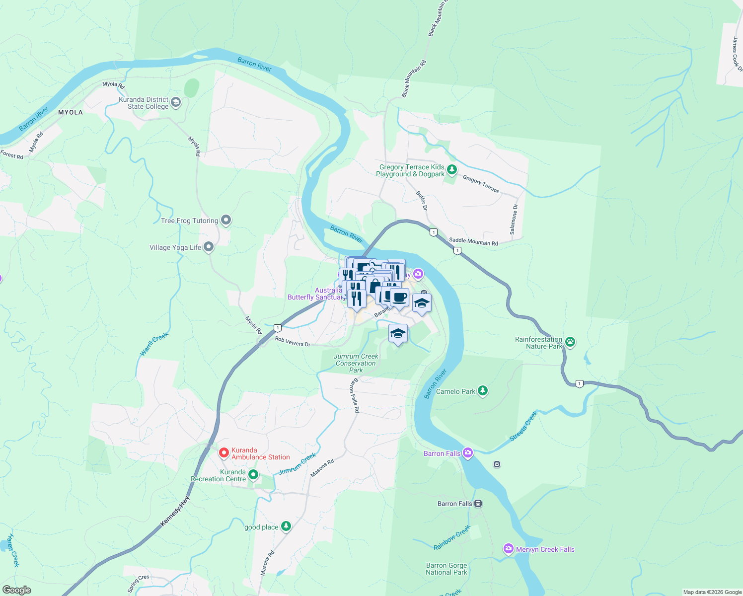 map of restaurants, bars, coffee shops, grocery stores, and more near 5 Coondoo Street in Kuranda
