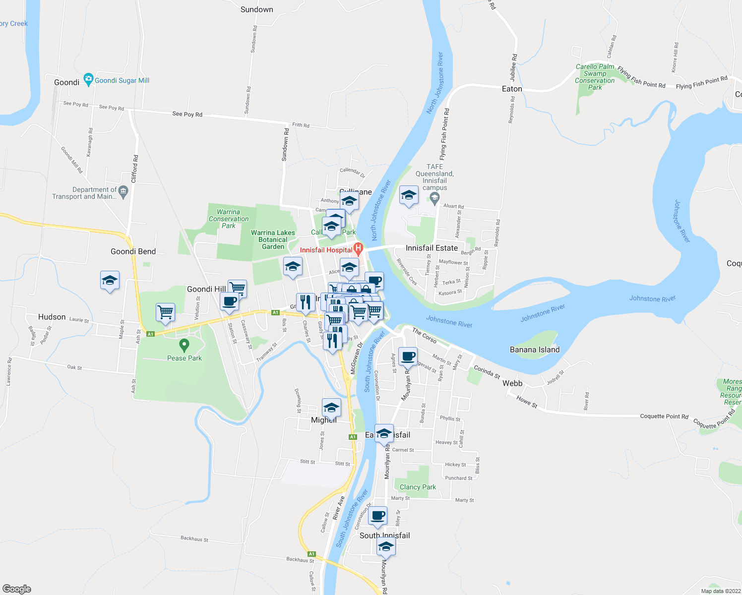 map of restaurants, bars, coffee shops, grocery stores, and more near 32 Fitzgerald Esplanade in Innisfail