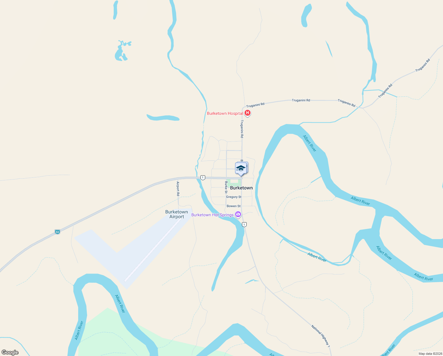 map of restaurants, bars, coffee shops, grocery stores, and more near LOT 13 Sloman Street in Burketown