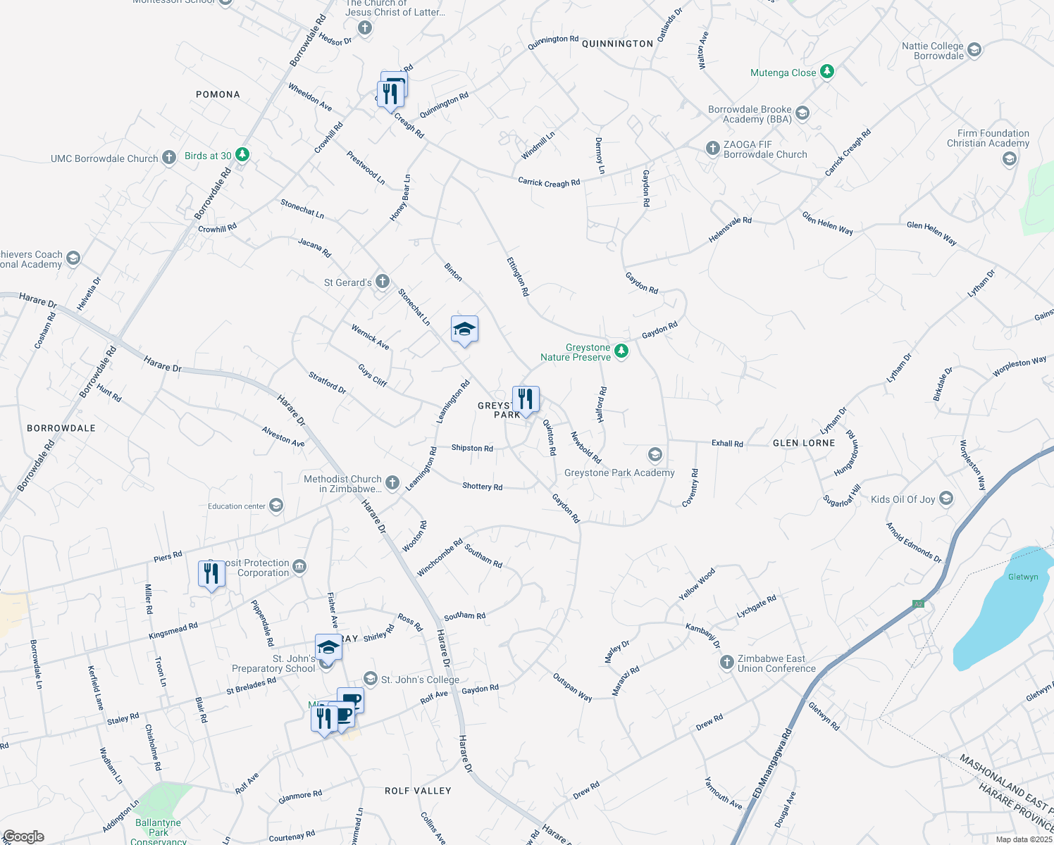 map of restaurants, bars, coffee shops, grocery stores, and more near Gaydon Road in Harare
