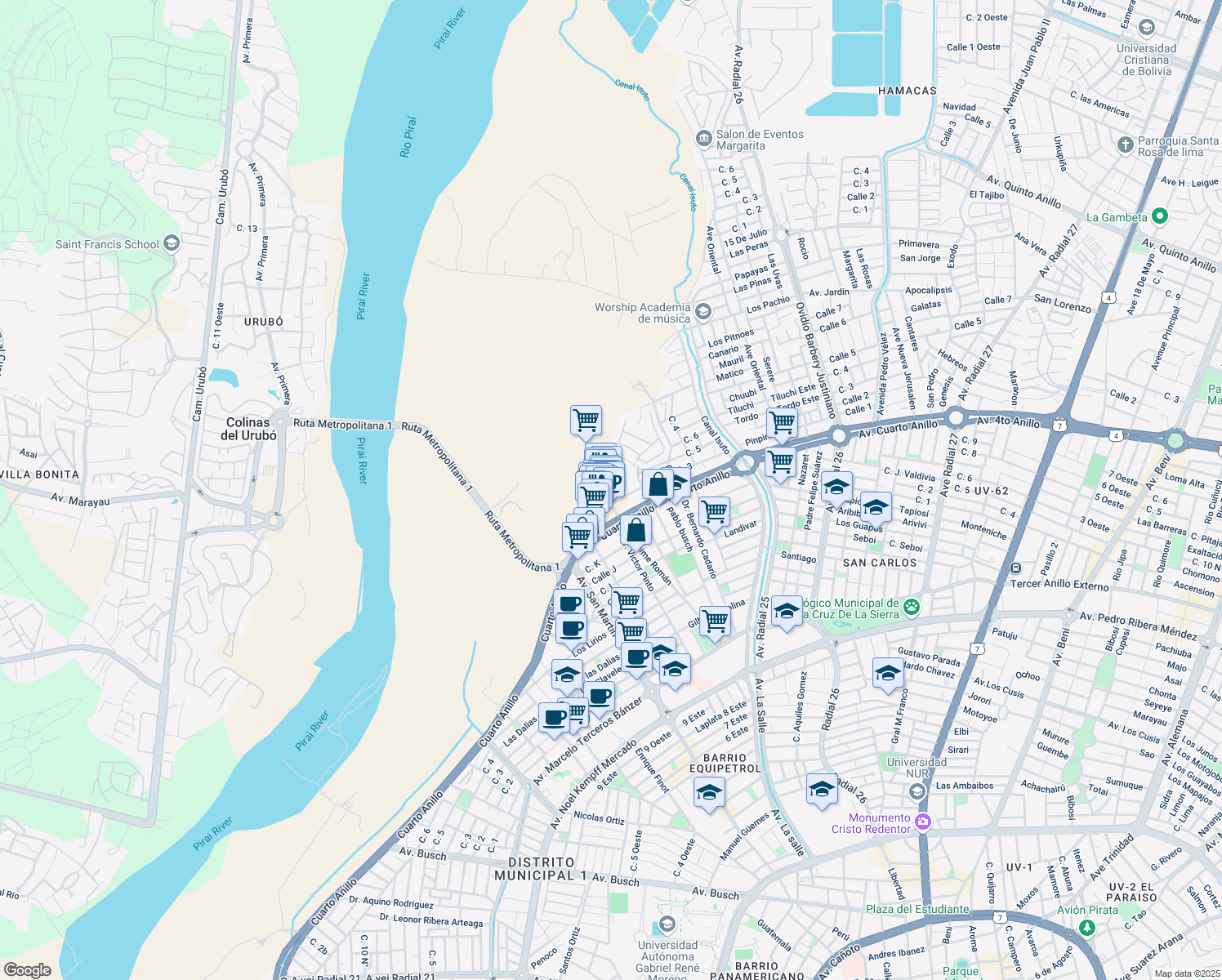 map of restaurants, bars, coffee shops, grocery stores, and more near No 4 Avenida San Martín in Santa Cruz de la Sierra