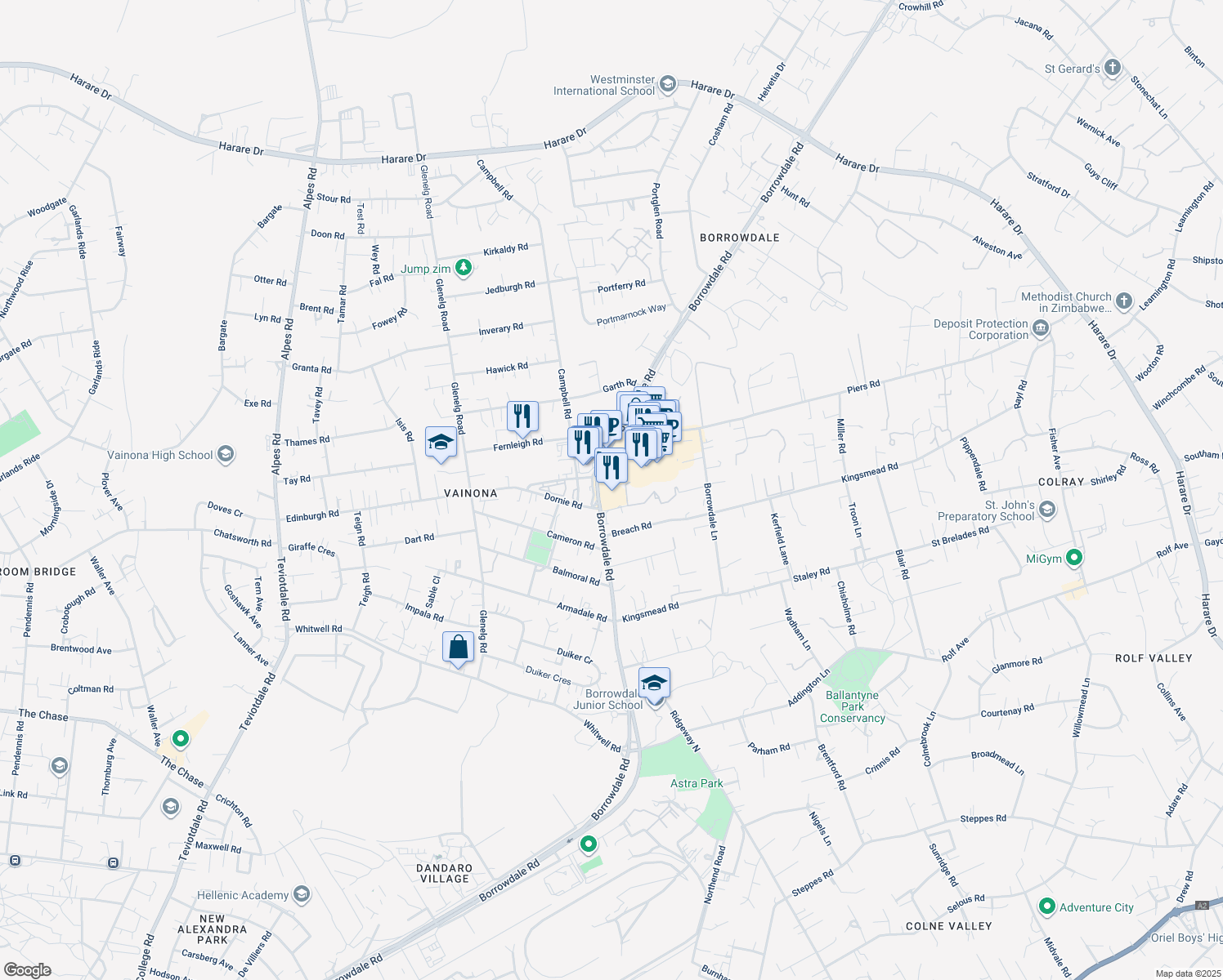 map of restaurants, bars, coffee shops, grocery stores, and more near 7 Dungarvan Road Borrowdale Road in Harare
