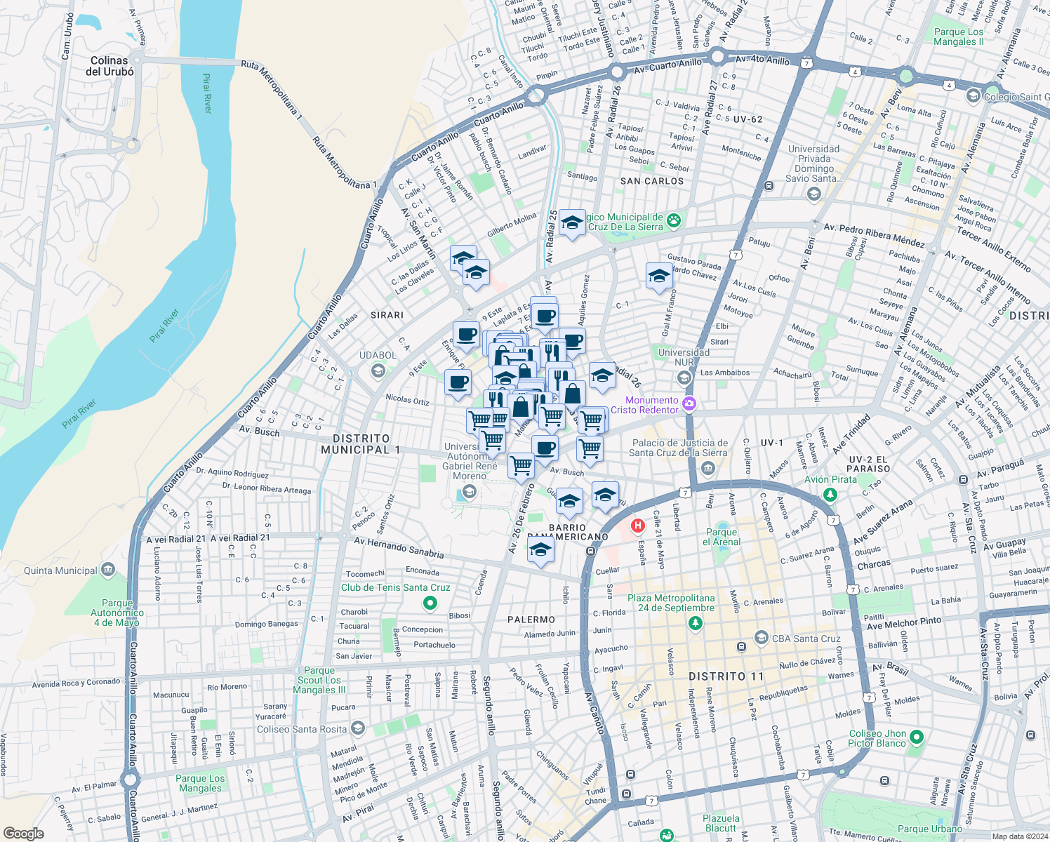 map of restaurants, bars, coffee shops, grocery stores, and more near No 4 Avenida San Martín in Santa Cruz de la Sierra