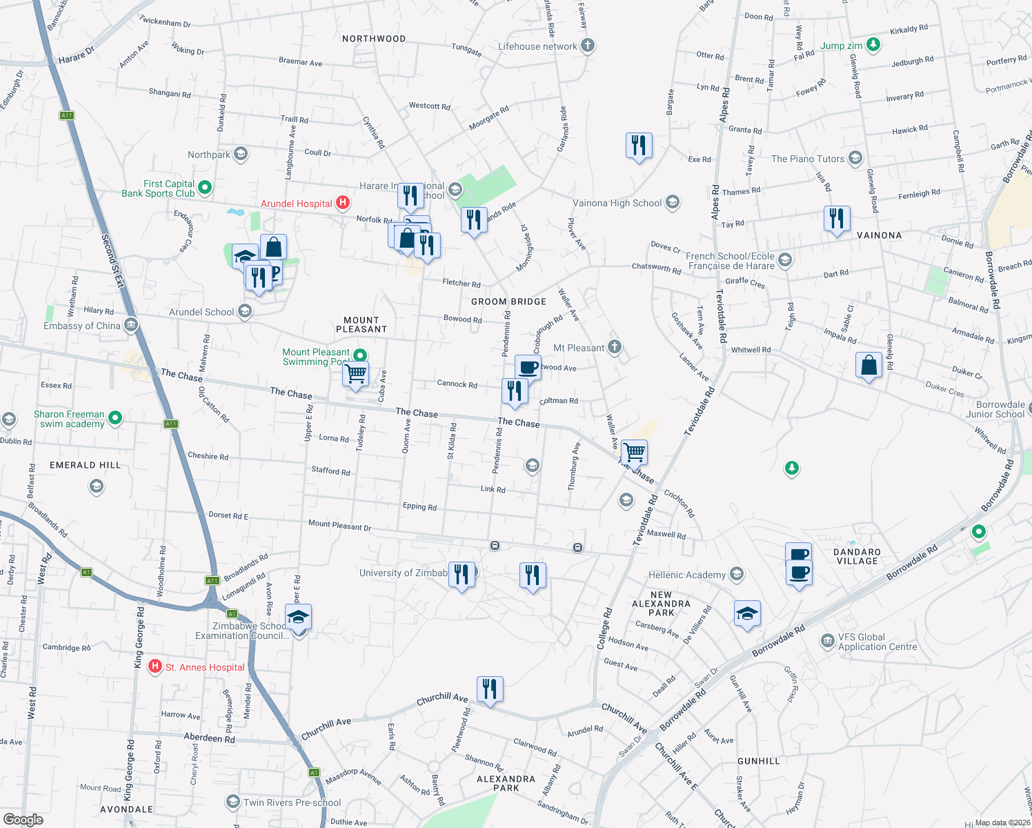 map of restaurants, bars, coffee shops, grocery stores, and more near Pendennis Road in Harare