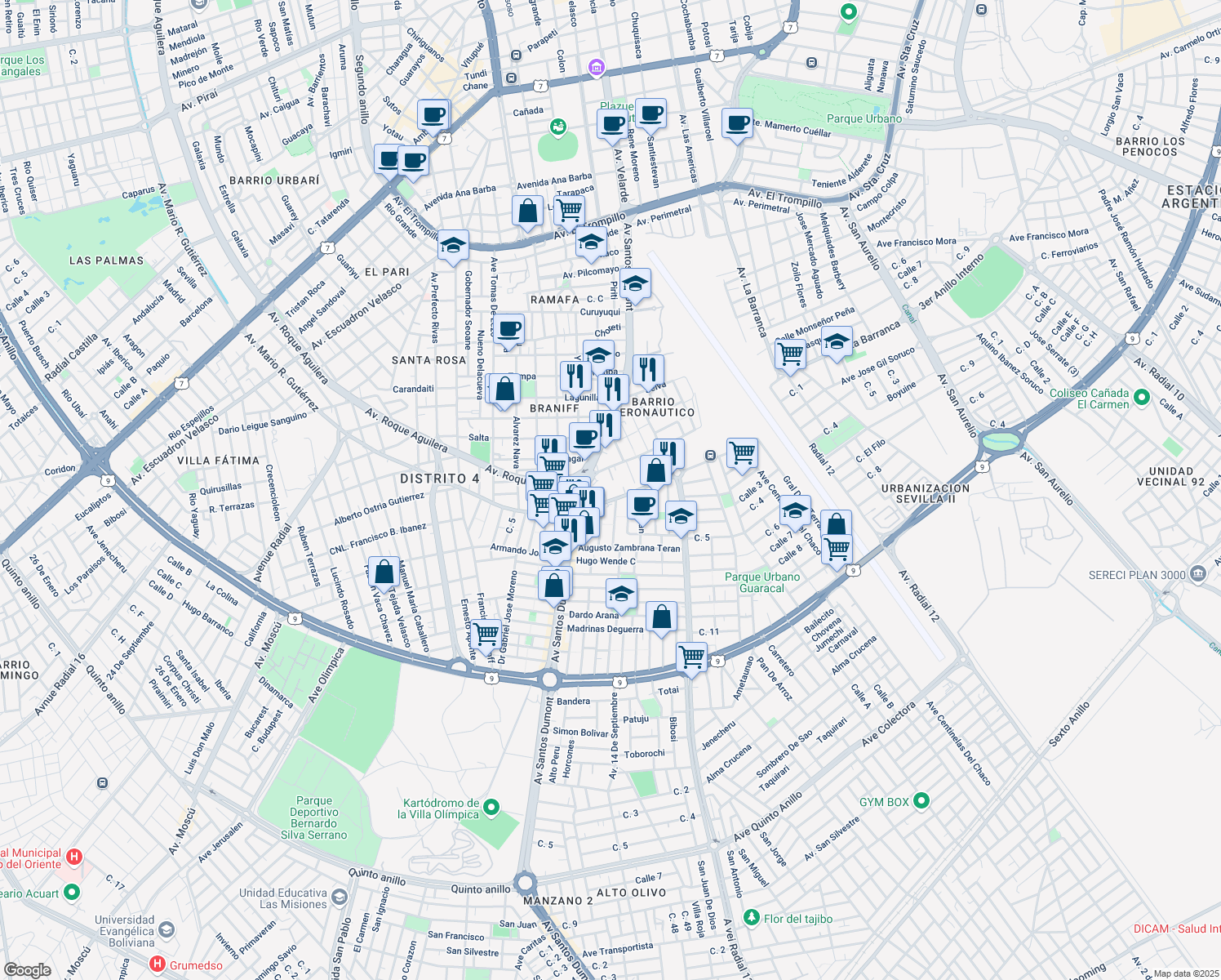map of restaurants, bars, coffee shops, grocery stores, and more near Avenida Mario R. Gutiérrez in Santa Cruz de la Sierra