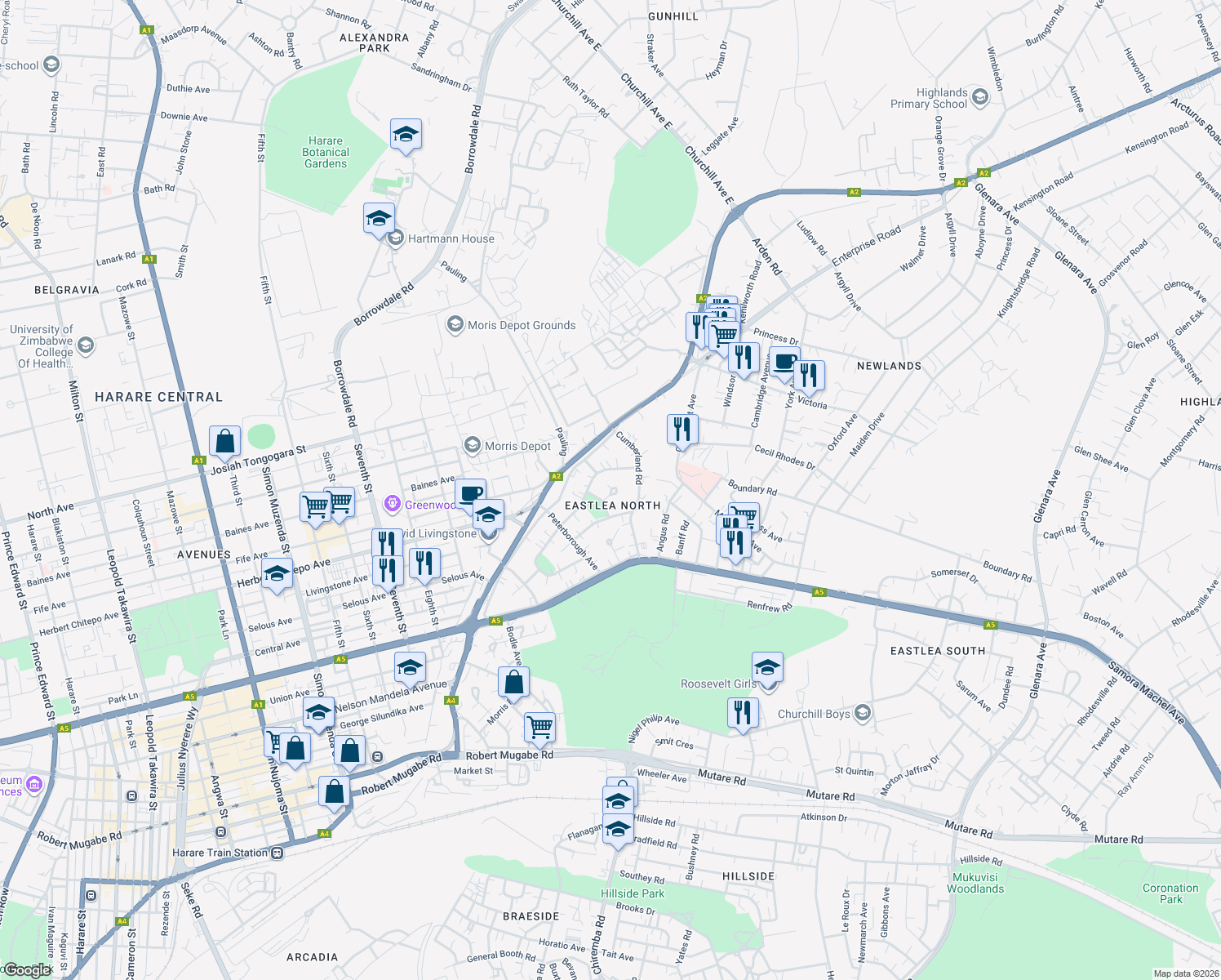 map of restaurants, bars, coffee shops, grocery stores, and more near 1 Gloucester in Harare
