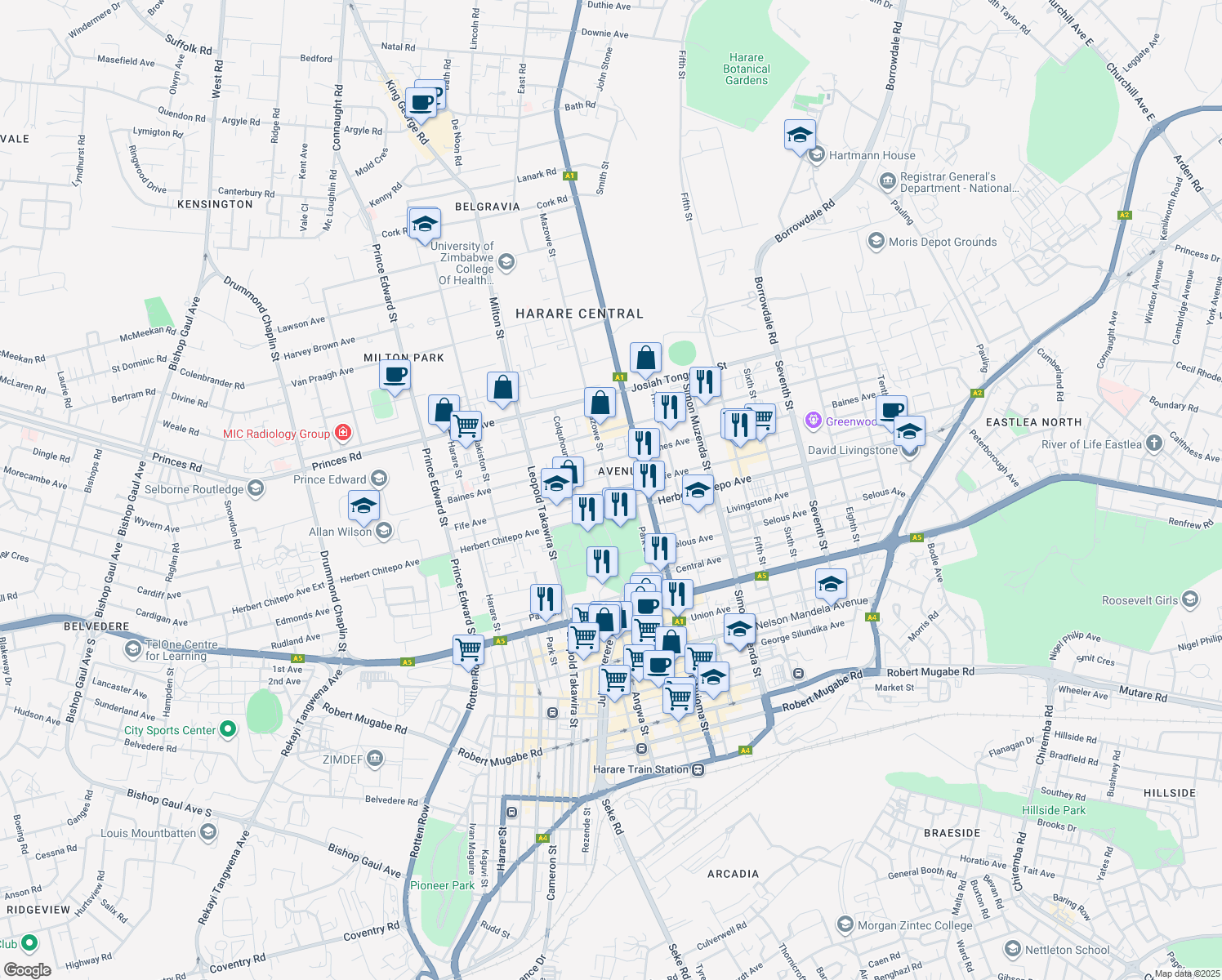 map of restaurants, bars, coffee shops, grocery stores, and more near Fife Avenue in Harare