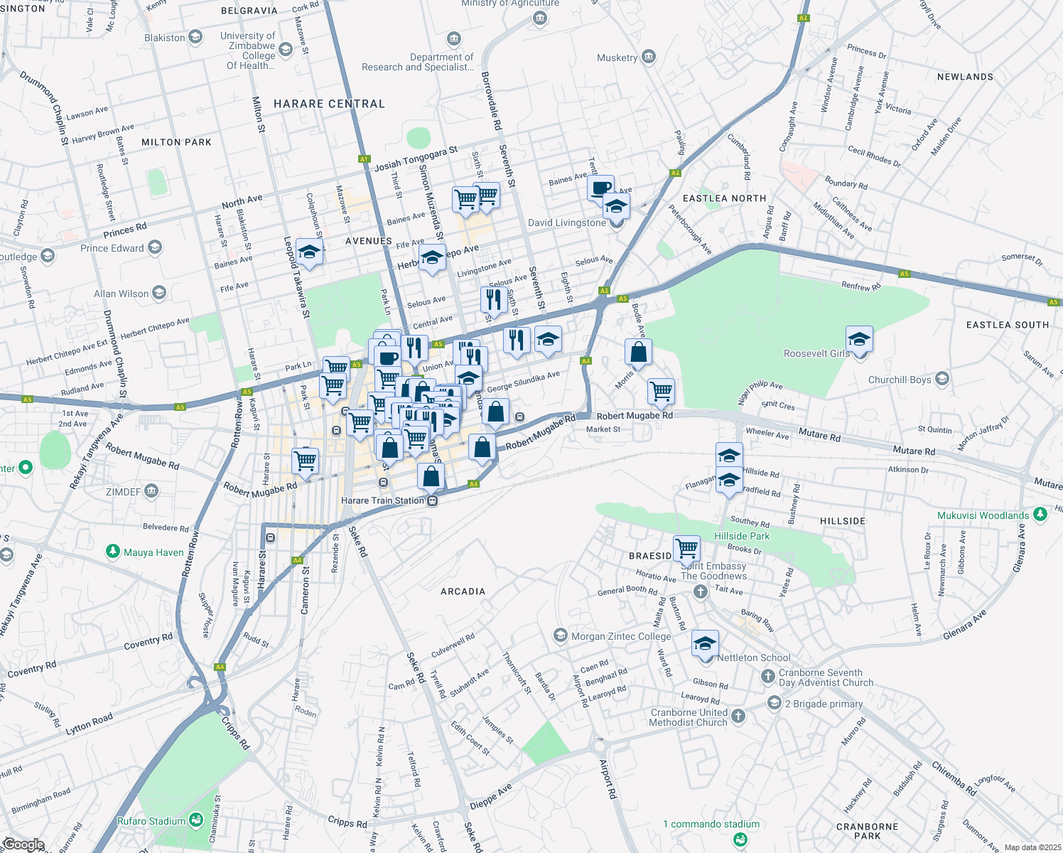map of restaurants, bars, coffee shops, grocery stores, and more near 103 Robert Mugabe Road in Harare