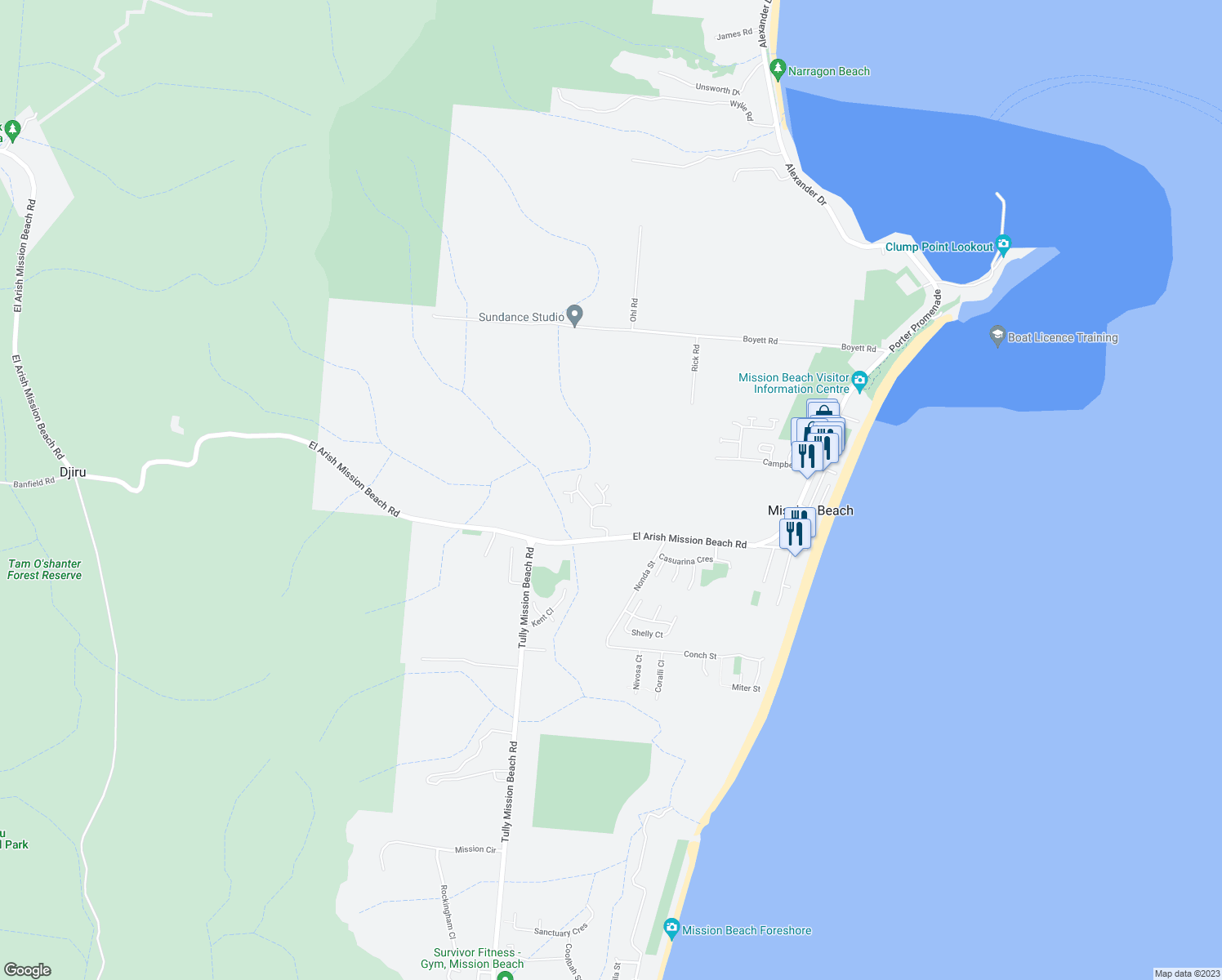 map of restaurants, bars, coffee shops, grocery stores, and more near 3 Wrap Court in Mission Beach