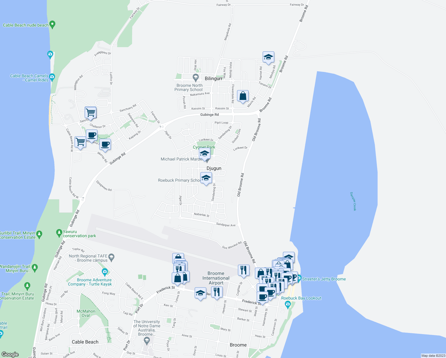 map of restaurants, bars, coffee shops, grocery stores, and more near 4 Spoonbill Avenue in Djugun