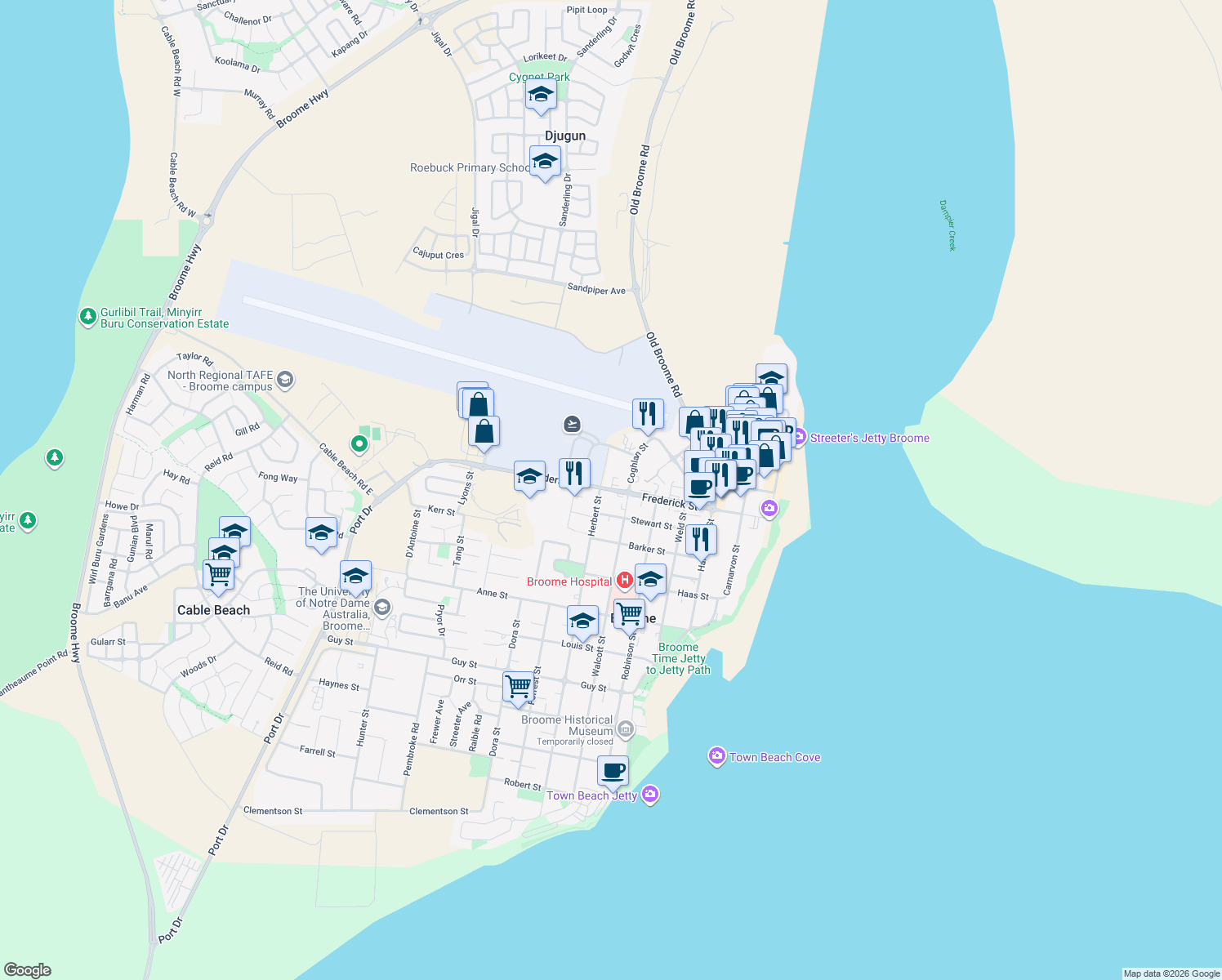 map of restaurants, bars, coffee shops, grocery stores, and more near Frederick Street in Broome