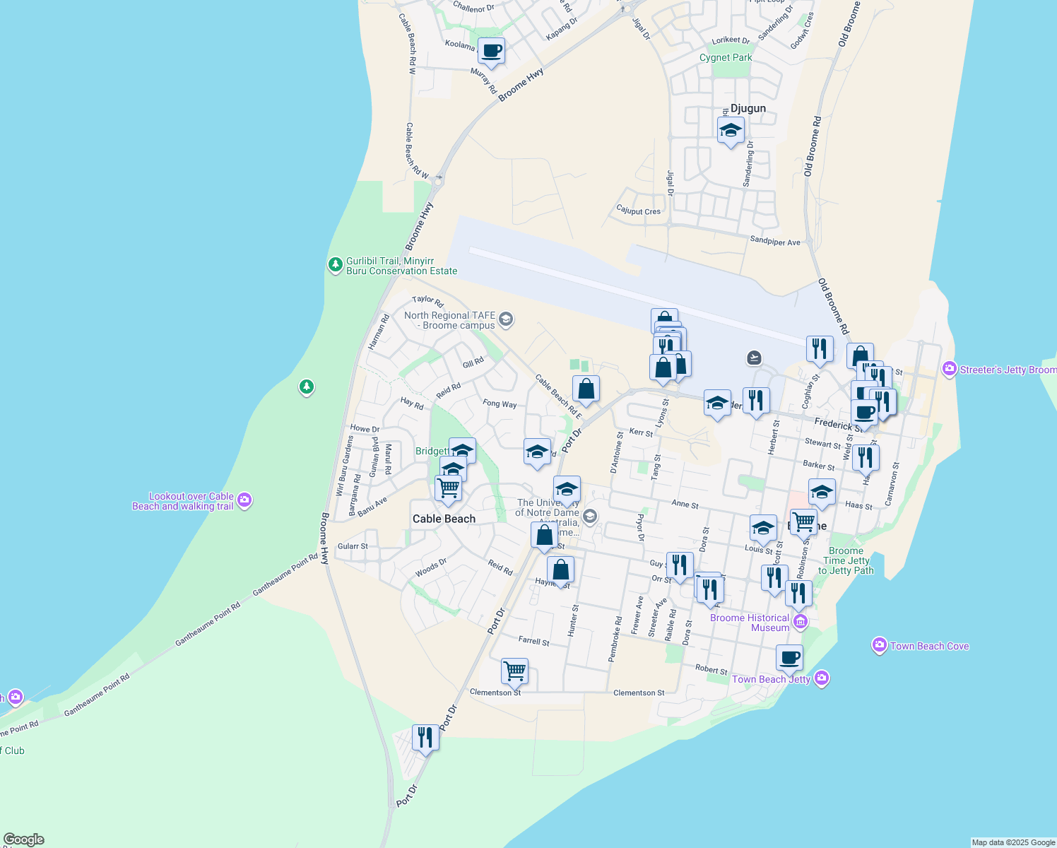 map of restaurants, bars, coffee shops, grocery stores, and more near 28 Taiji Road in Cable Beach