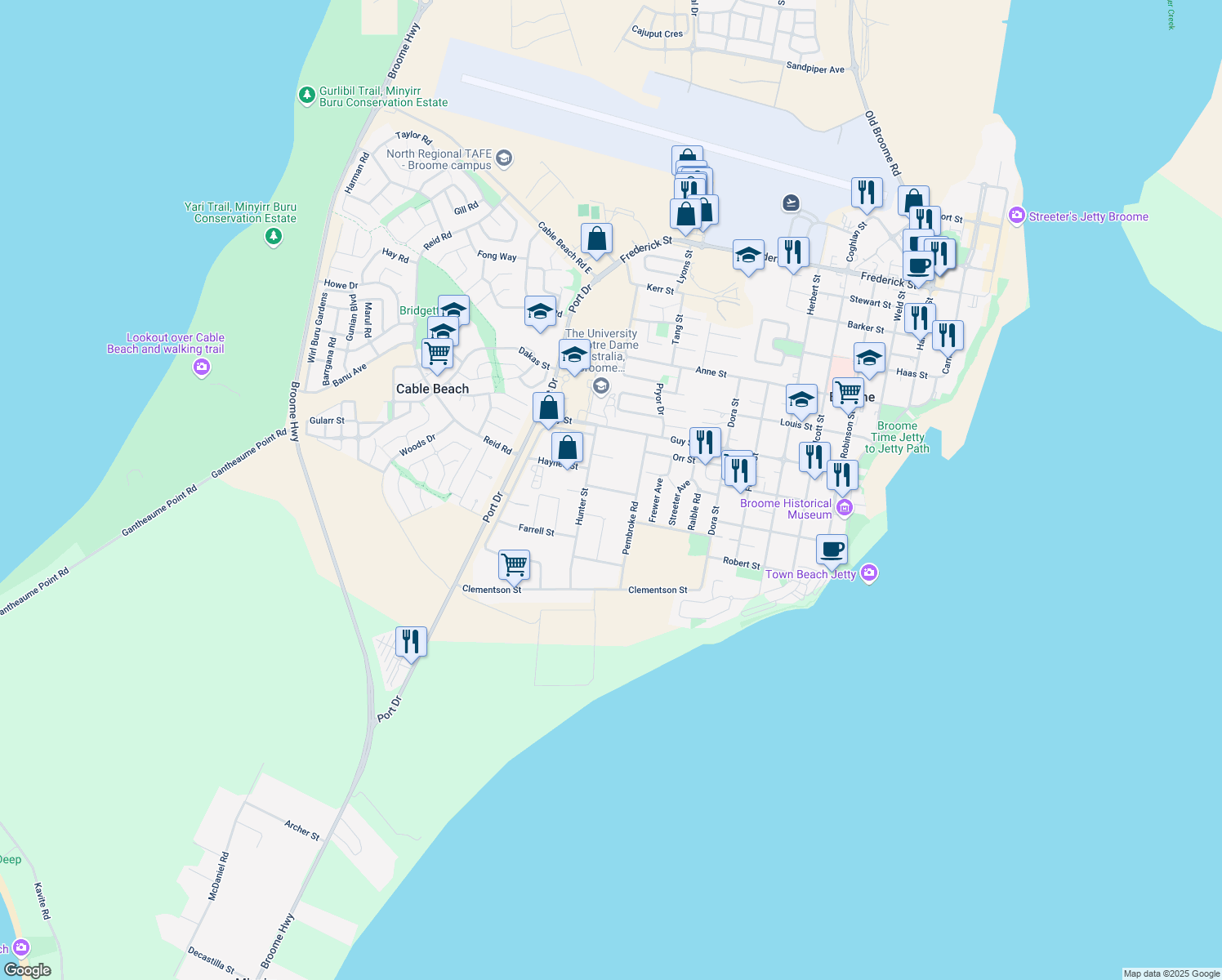 map of restaurants, bars, coffee shops, grocery stores, and more near Gregory Street in Broome