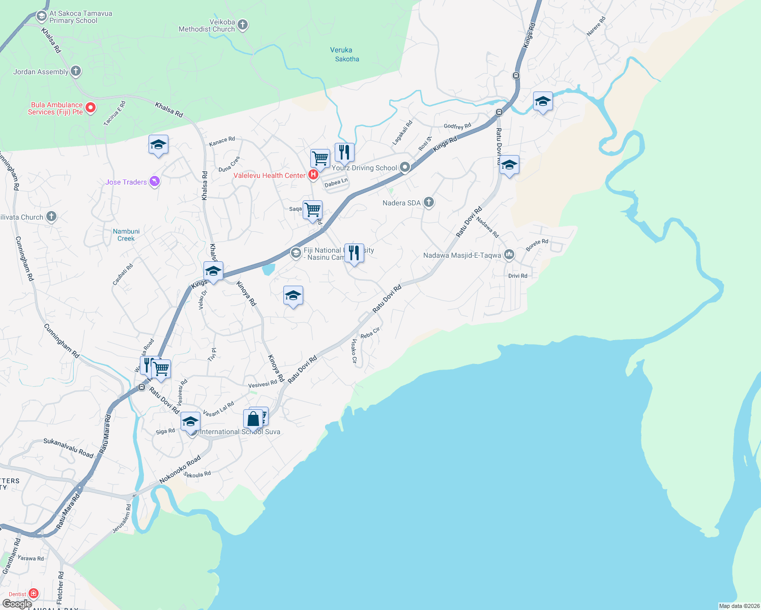 map of restaurants, bars, coffee shops, grocery stores, and more near Ratu Dovi Road in Suva