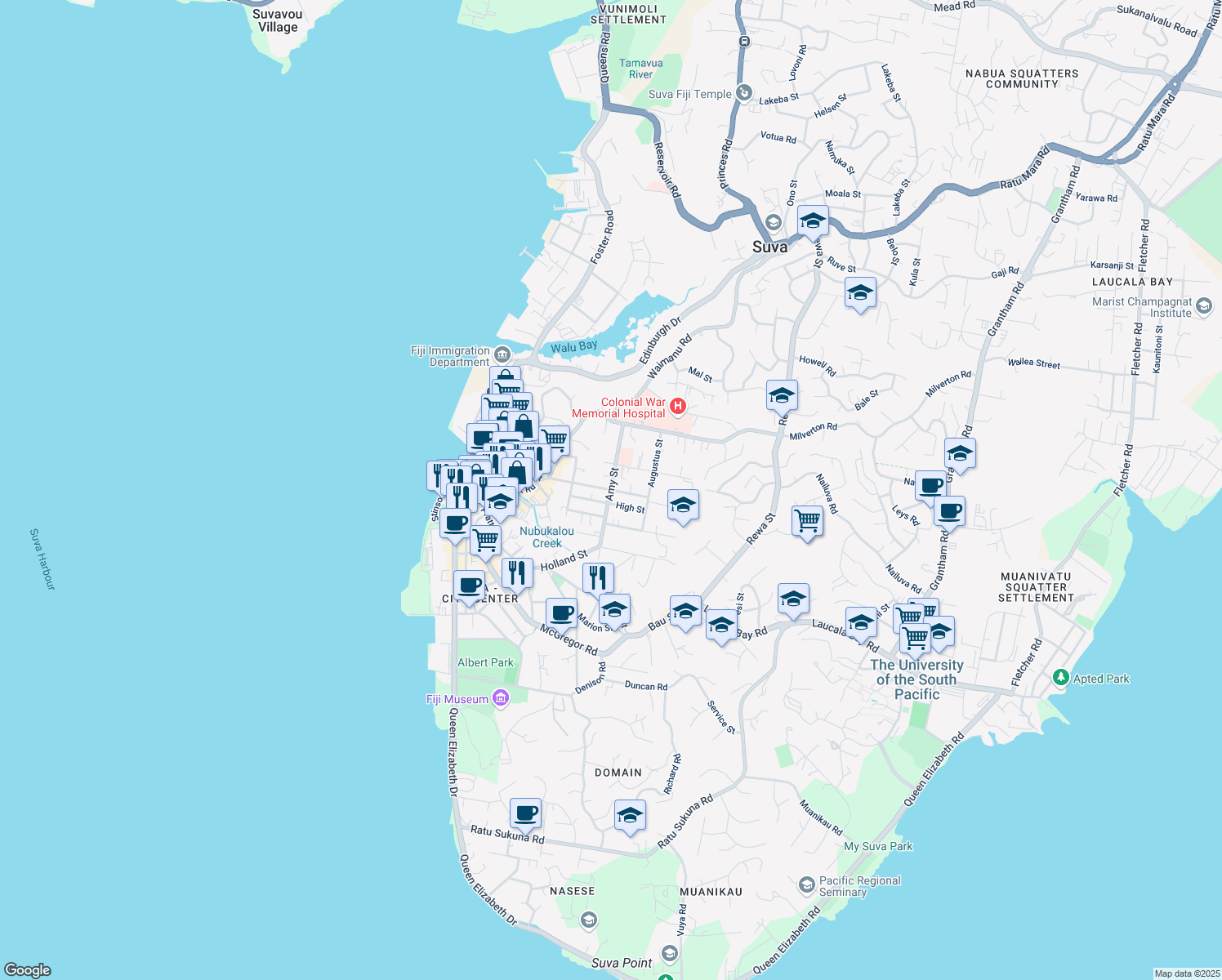 map of restaurants, bars, coffee shops, grocery stores, and more near Amy Street in Suva