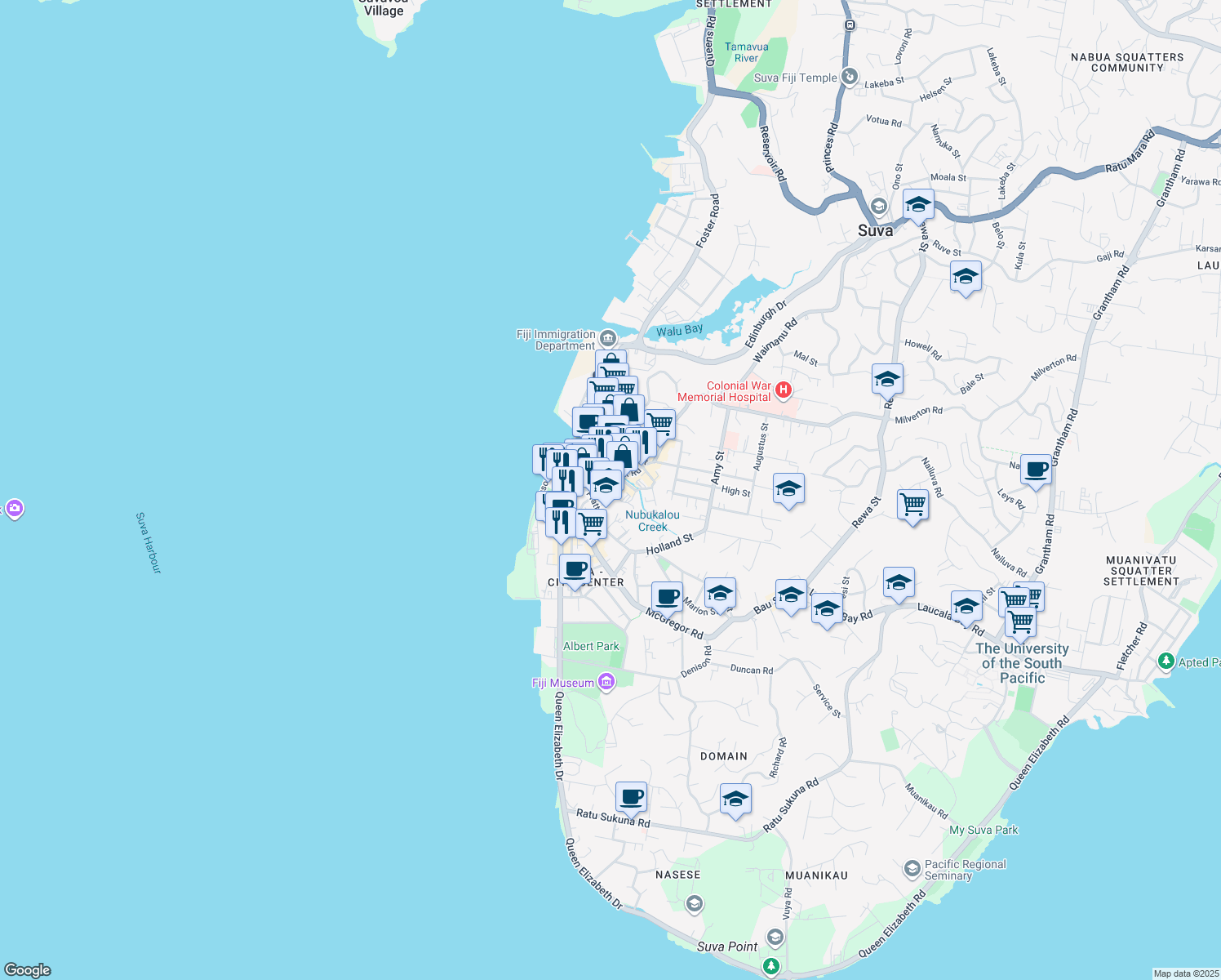 map of restaurants, bars, coffee shops, grocery stores, and more near Ellery St in Suva