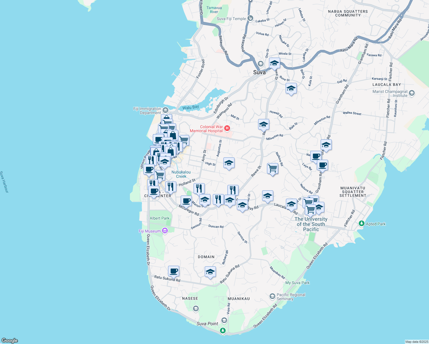 map of restaurants, bars, coffee shops, grocery stores, and more near Huon Street in Suva
