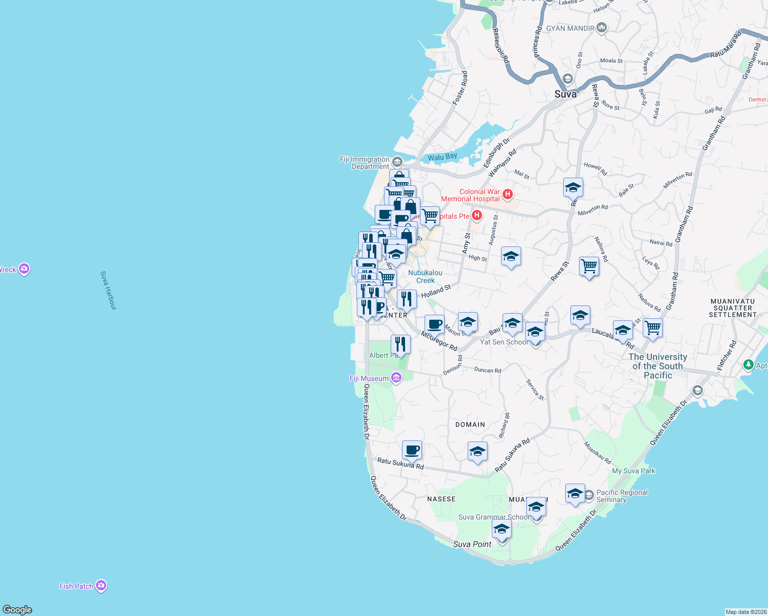 map of restaurants, bars, coffee shops, grocery stores, and more near Goodenough Street in Suva