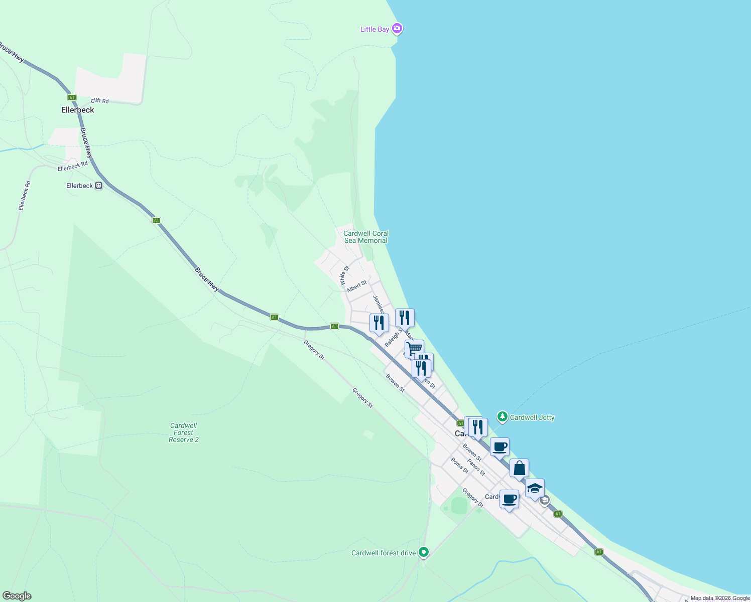 map of restaurants, bars, coffee shops, grocery stores, and more near 29 Jamieson Street in Cardwell