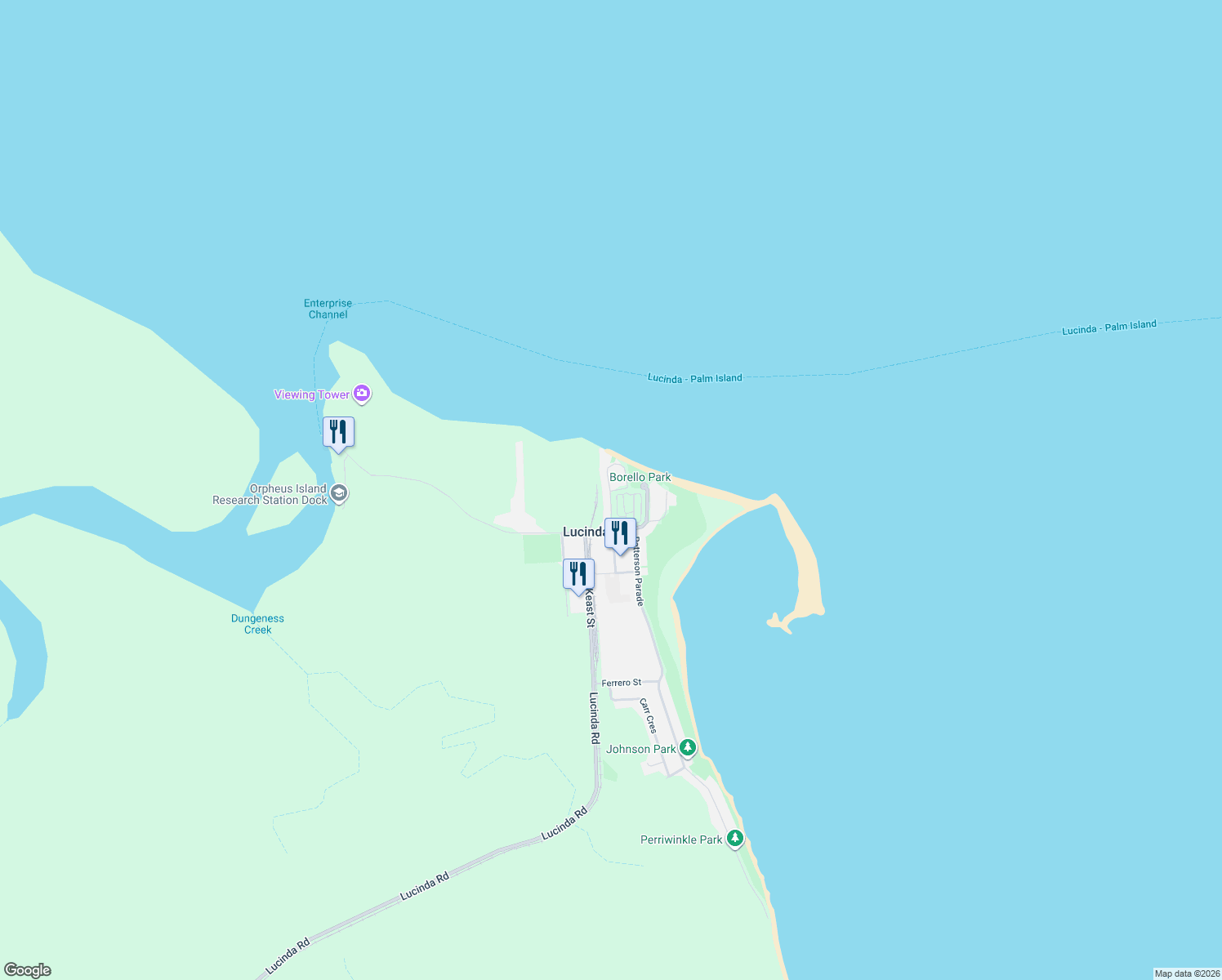 map of restaurants, bars, coffee shops, grocery stores, and more near 24 Bruce Parade in Lucinda