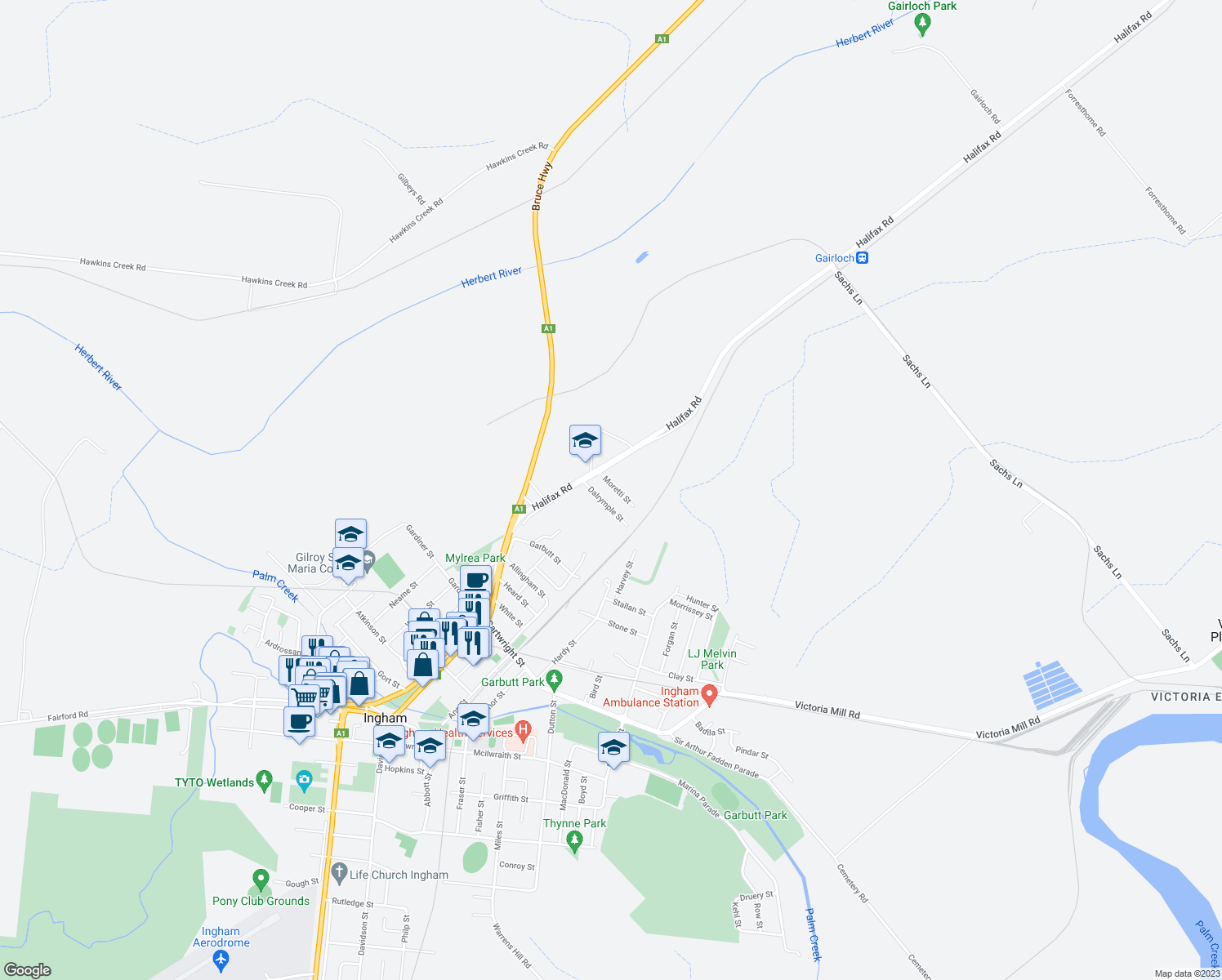 map of restaurants, bars, coffee shops, grocery stores, and more near 7 Moretti Street in Ingham