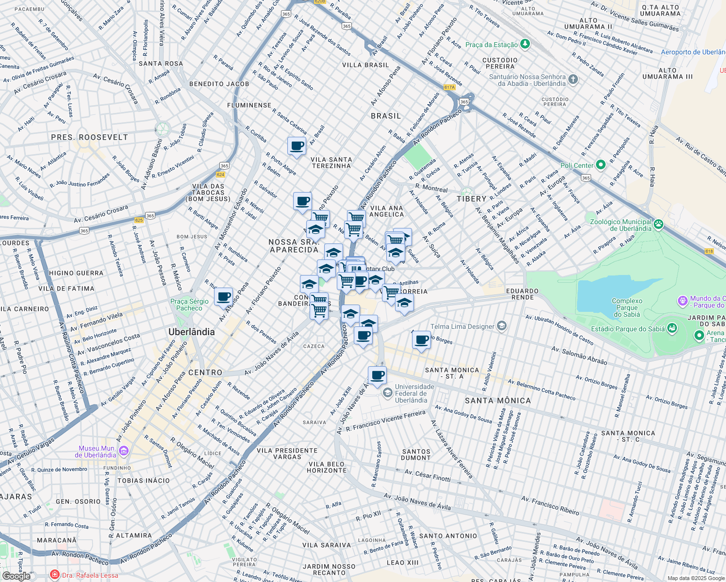 map of restaurants, bars, coffee shops, grocery stores, and more near 1331 Avenida João Naves de Ávila in Uberlândia