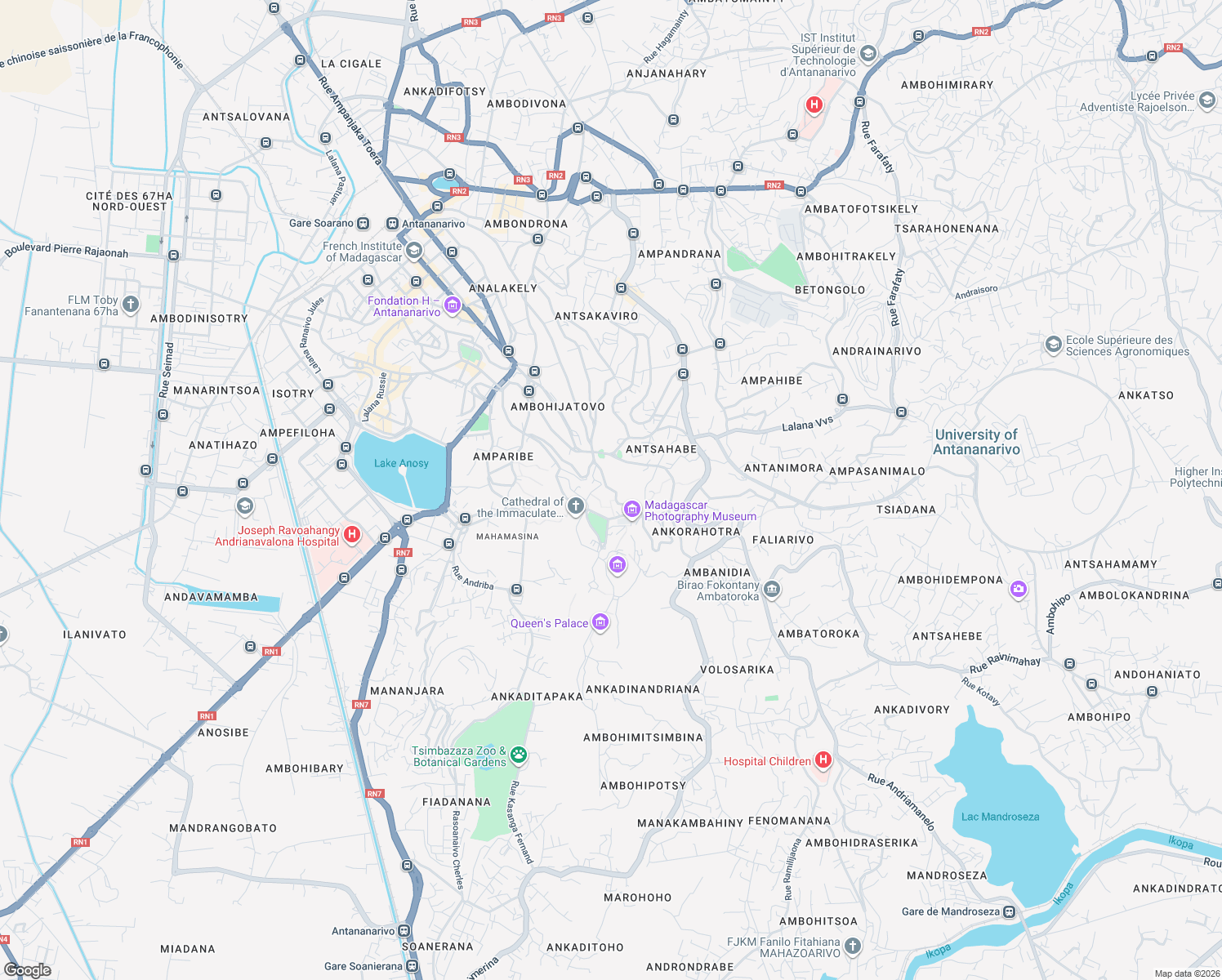 map of restaurants, bars, coffee shops, grocery stores, and more near Lalana Pierre Rapiera in Antananarivo