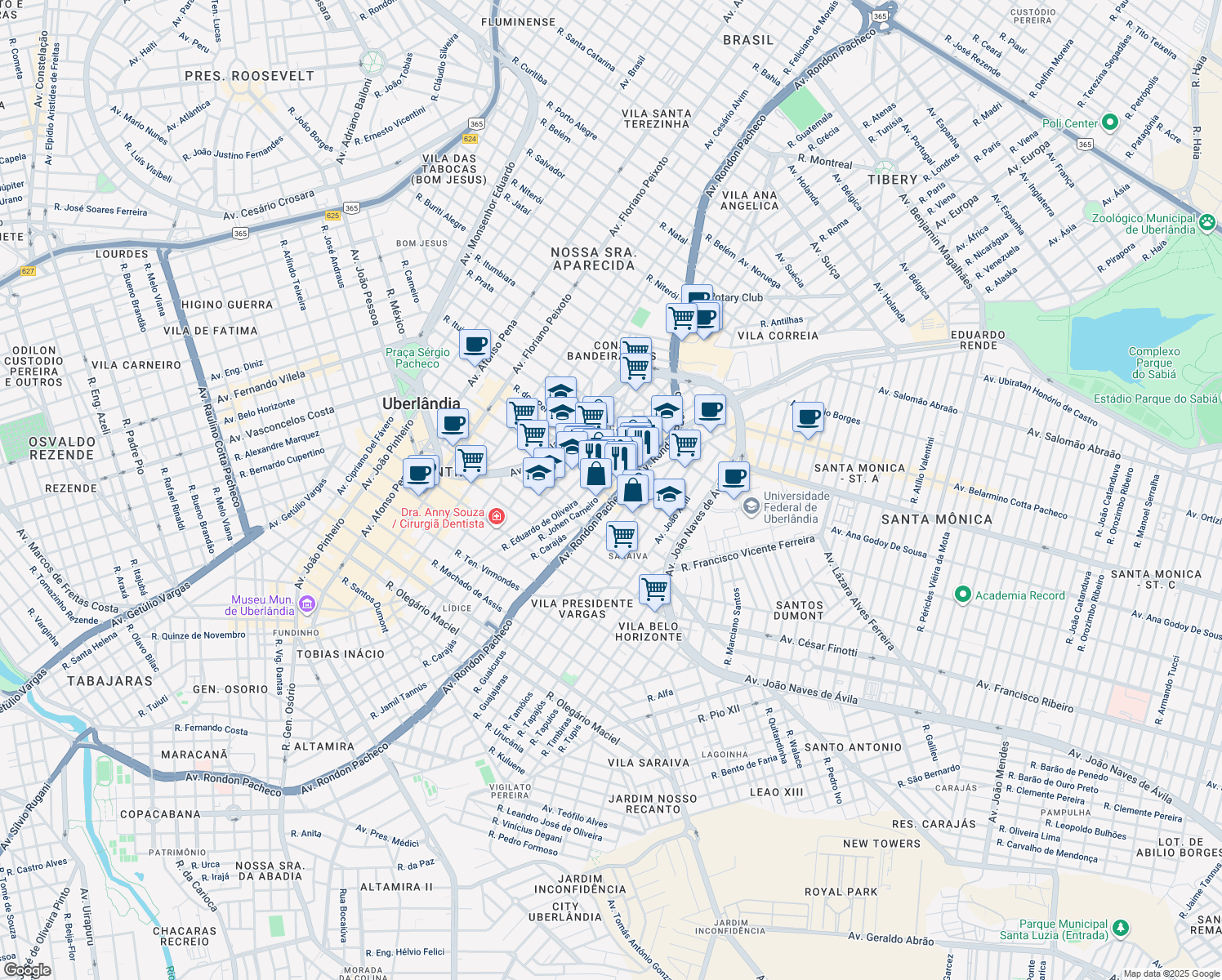 map of restaurants, bars, coffee shops, grocery stores, and more near 3535 Avenida Rondon Pacheco in Uberlândia