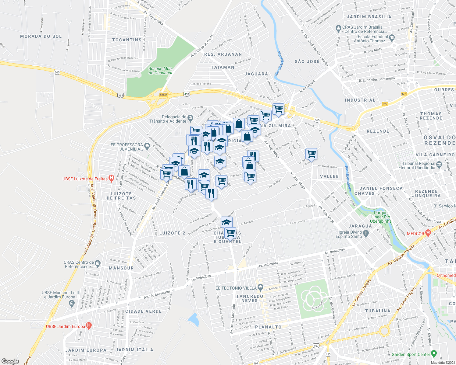 map of restaurants, bars, coffee shops, grocery stores, and more near 661 Av. Godevino Alves da Rocha in Uberlândia