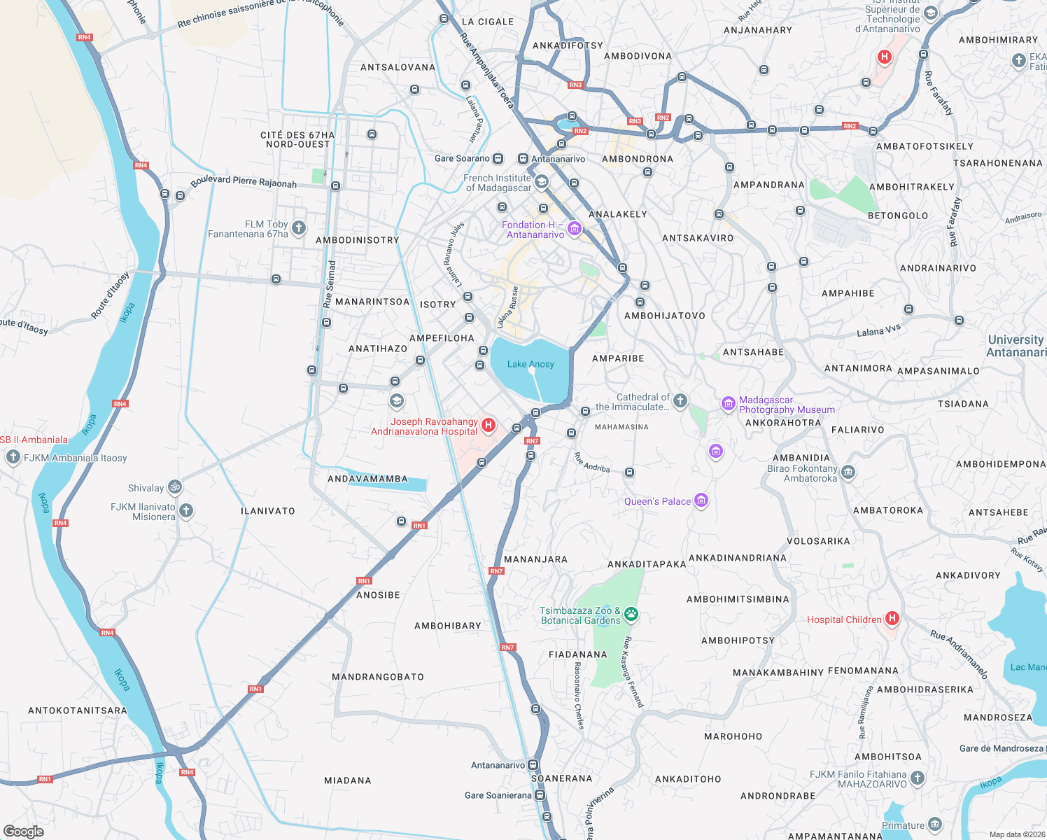 map of restaurants, bars, coffee shops, grocery stores, and more near Lalana Pierre Rapiera in Antananarivo